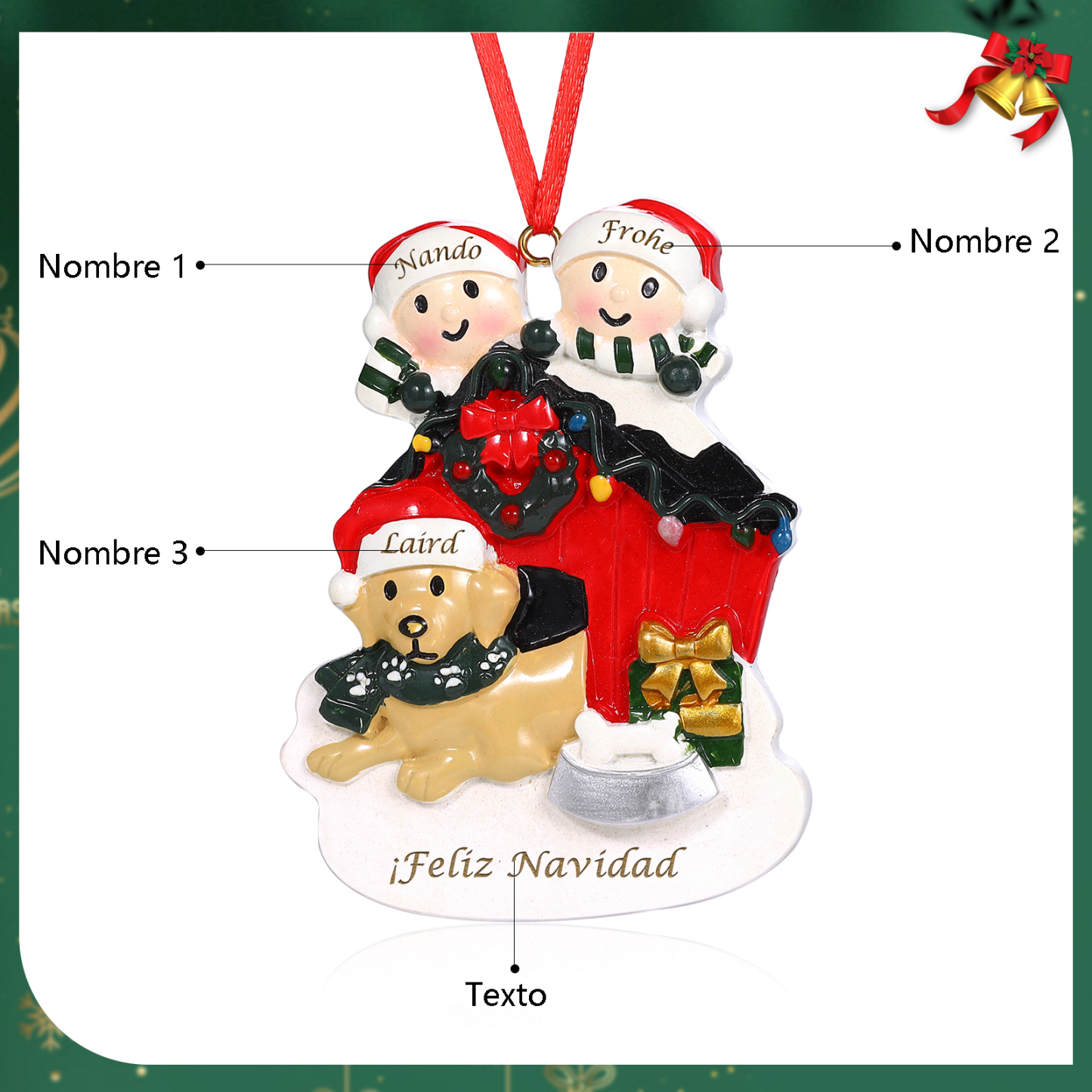 Navidad-Ornamento con Muñecos de Resina Familia con Perro 3 Nombres y Texto Personalizados | Jessemade