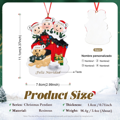Navidad-Ornamento con Muñecos de Resina Familia con Perro 4 Nombres y Texto Personalizados | Jessemade