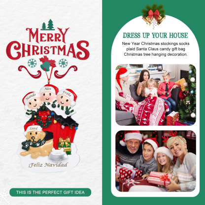 Navidad-Ornamento con Muñecos de Resina Familia con Perro 4 Nombres y Texto Personalizados | Jessemade