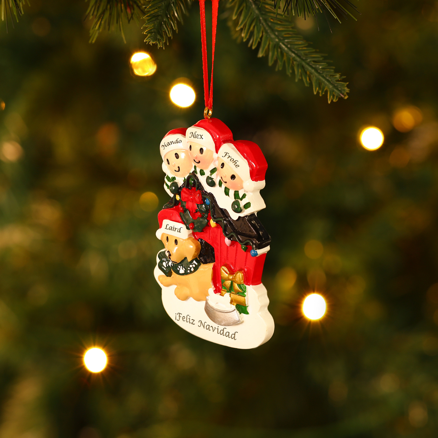 Navidad-Ornamento con Muñecos de Resina Familia con Perro 4 Nombres y Texto Personalizados | Jessemade