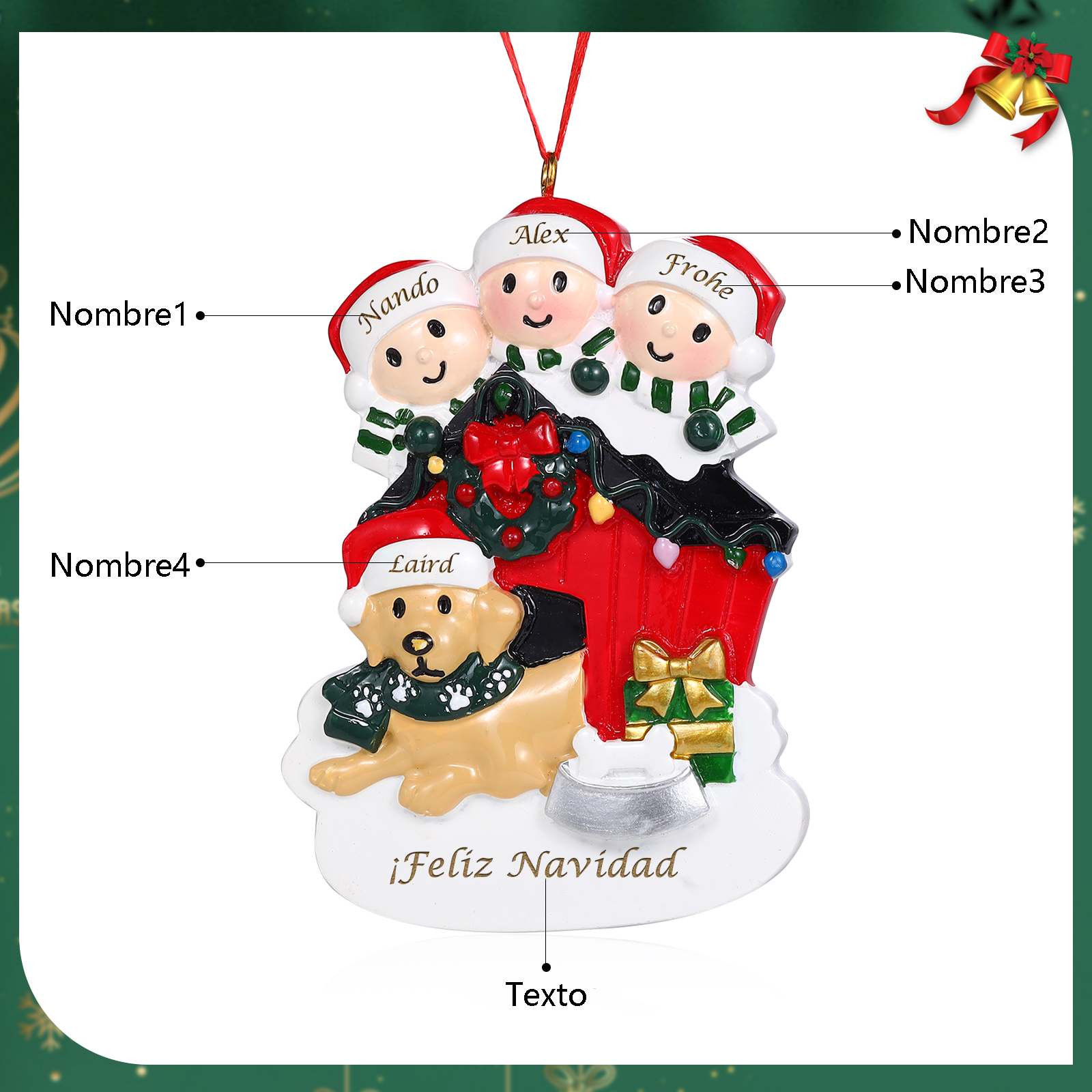 Navidad-Ornamento con Muñecos de Resina Familia con Perro 4 Nombres y Texto Personalizados | Jessemade
