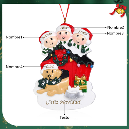 Navidad-Ornamento con Muñecos de Resina Familia con Perro 4 Nombres y Texto Personalizados | Jessemade