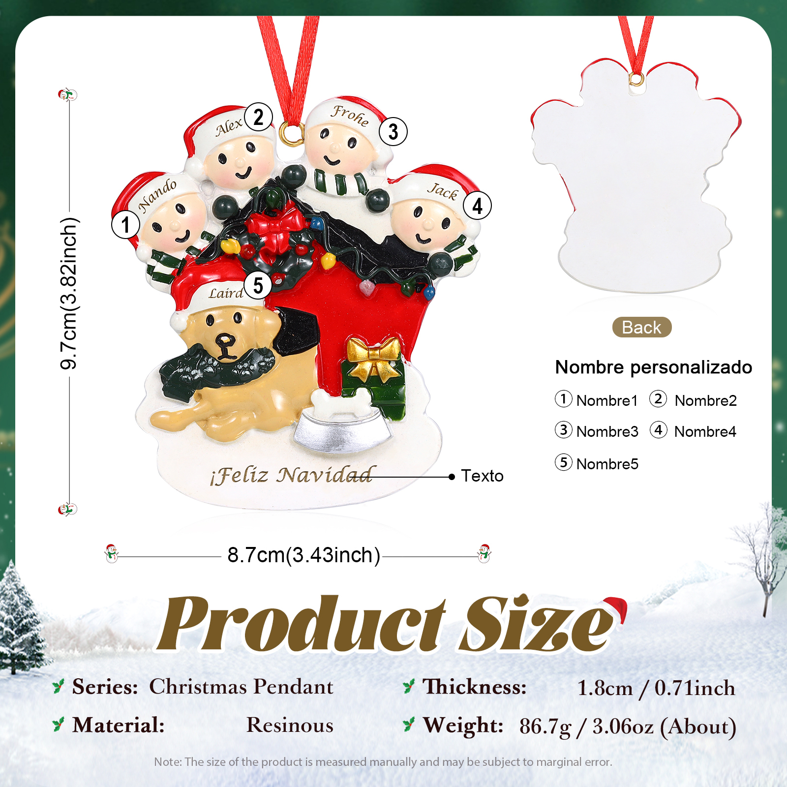Navidad-Ornamento con Muñecos de Resina Familia con Perro 5 Nombres y Texto Personalizados | Jessemade