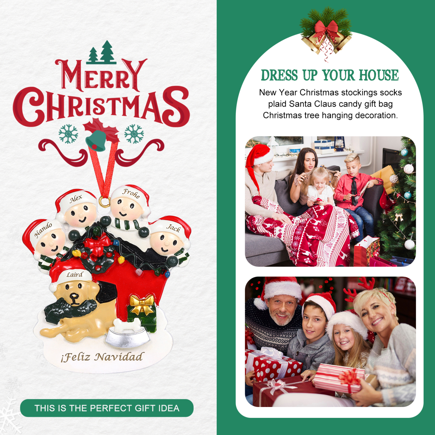 Navidad-Ornamento con Muñecos de Resina Familia con Perro 5 Nombres y Texto Personalizados | Jessemade