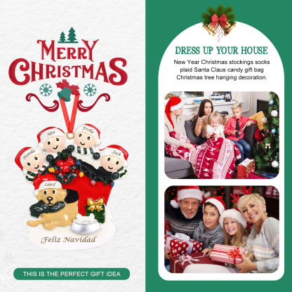 Navidad-Ornamento con Muñecos de Resina Familia con Perro 5 Nombres y Texto Personalizados | Jessemade