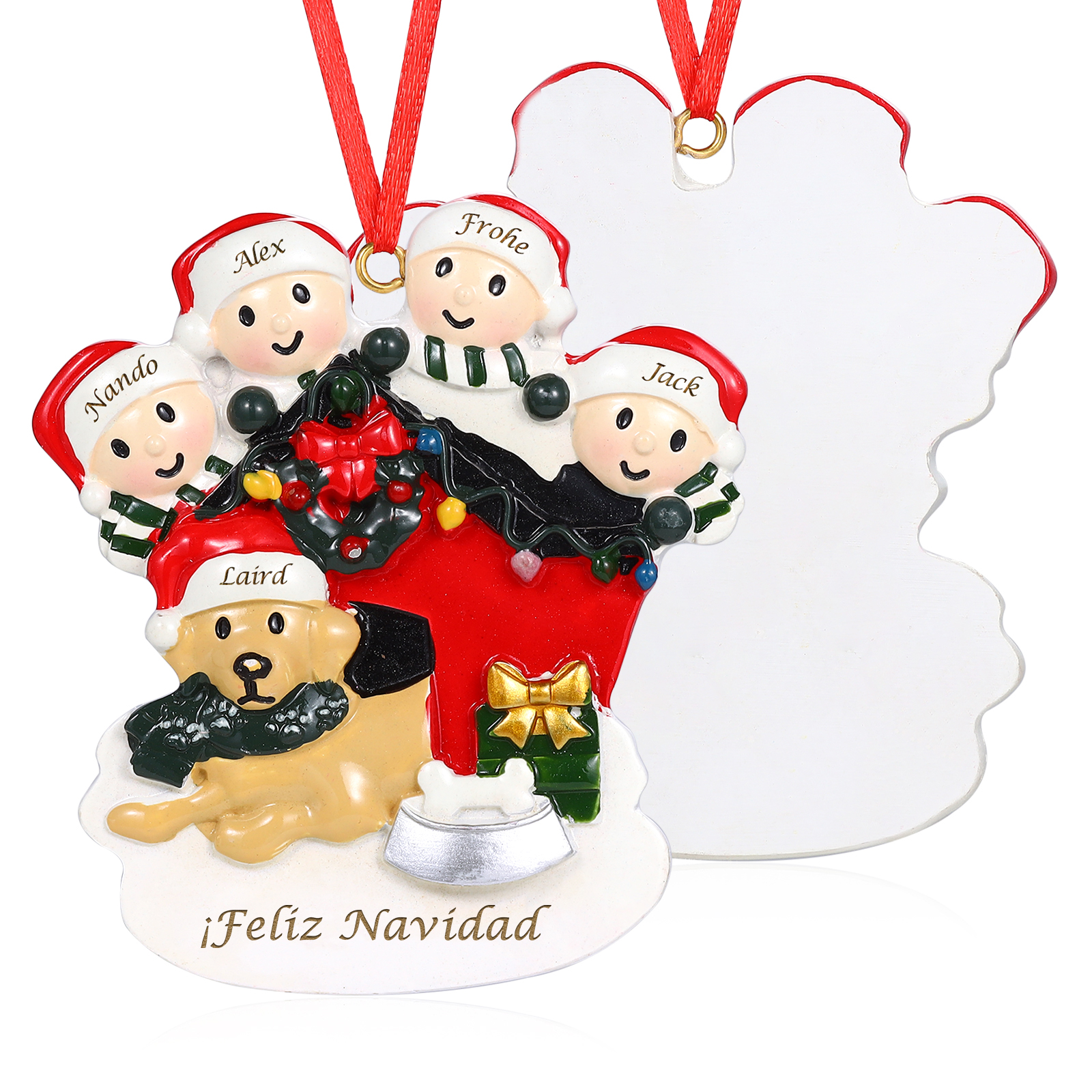 Navidad-Ornamento con Muñecos de Resina Familia con Perro 5 Nombres y Texto Personalizados | Jessemade