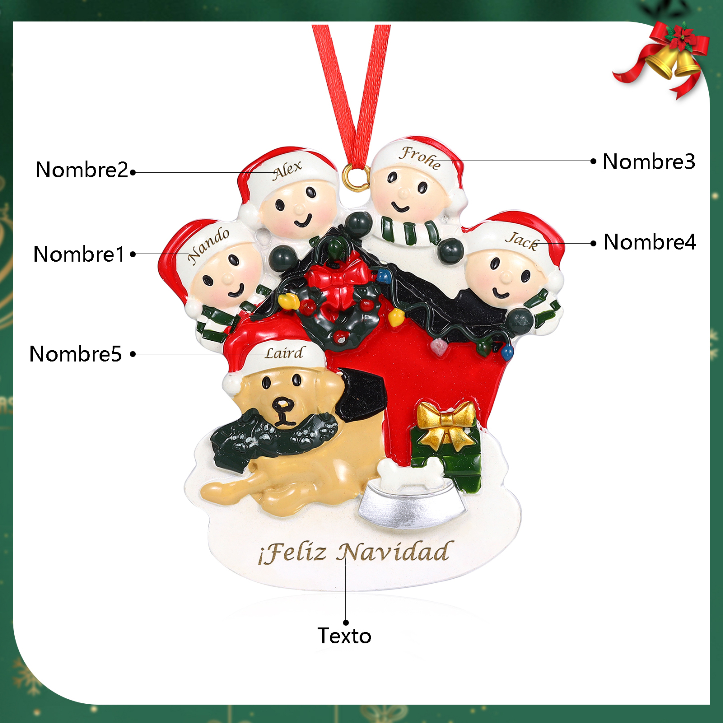 Navidad-Ornamento con Muñecos de Resina Familia con Perro 5 Nombres y Texto Personalizados | Jessemade