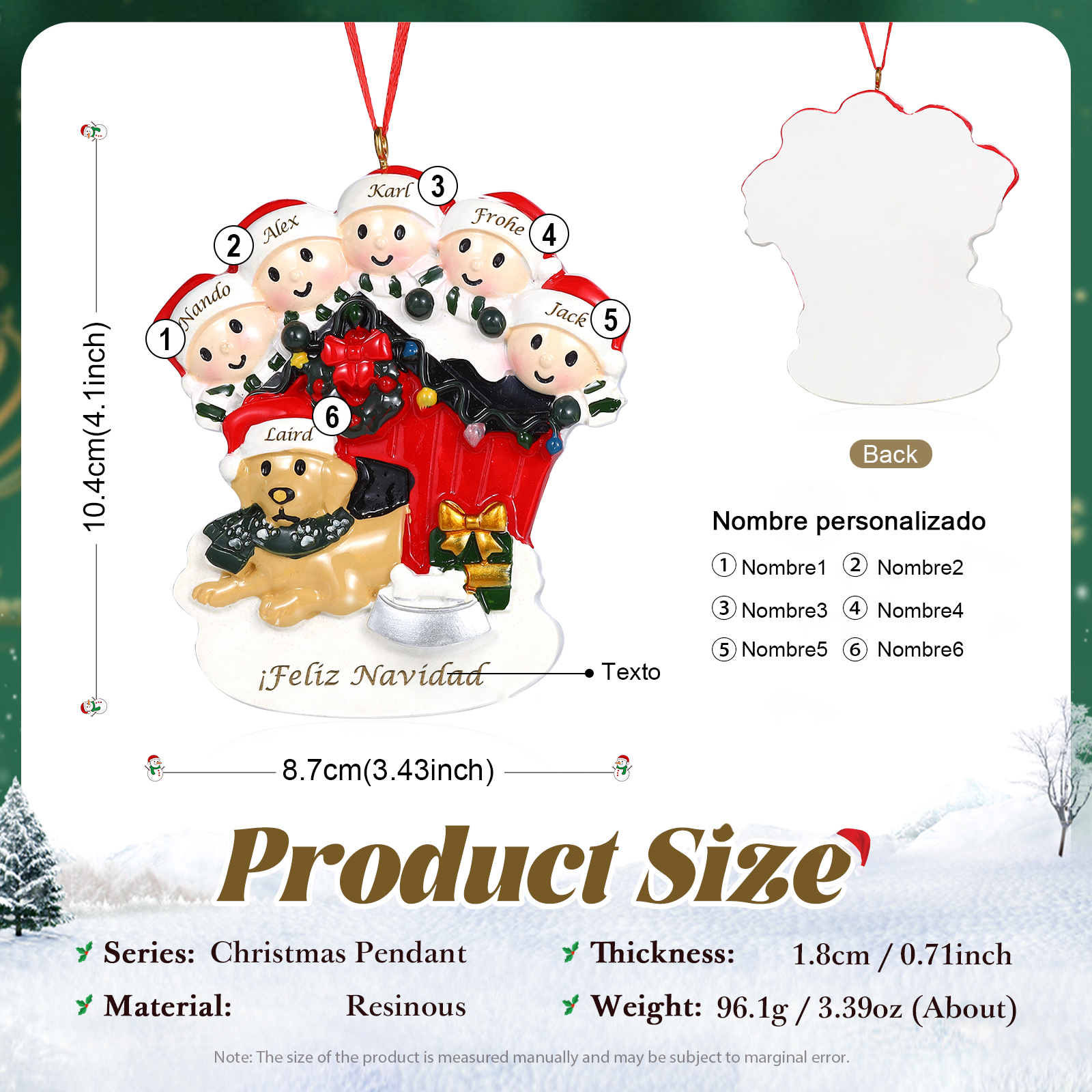 Navidad-Ornamento con Muñecos de Resina Familia con Perro 6 Nombres y Texto Personalizados | Jessemade
