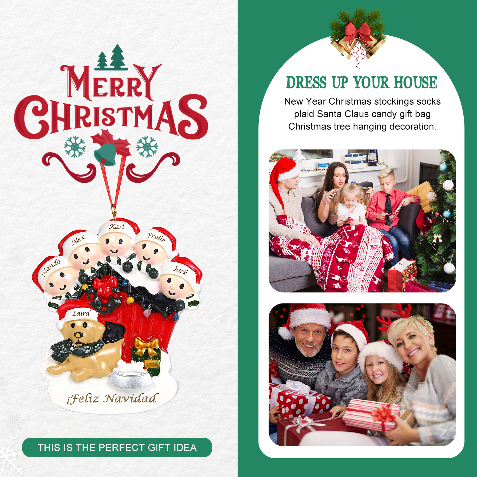Navidad-Ornamento con Muñecos de Resina Familia con Perro 6 Nombres y Texto Personalizados | Jessemade