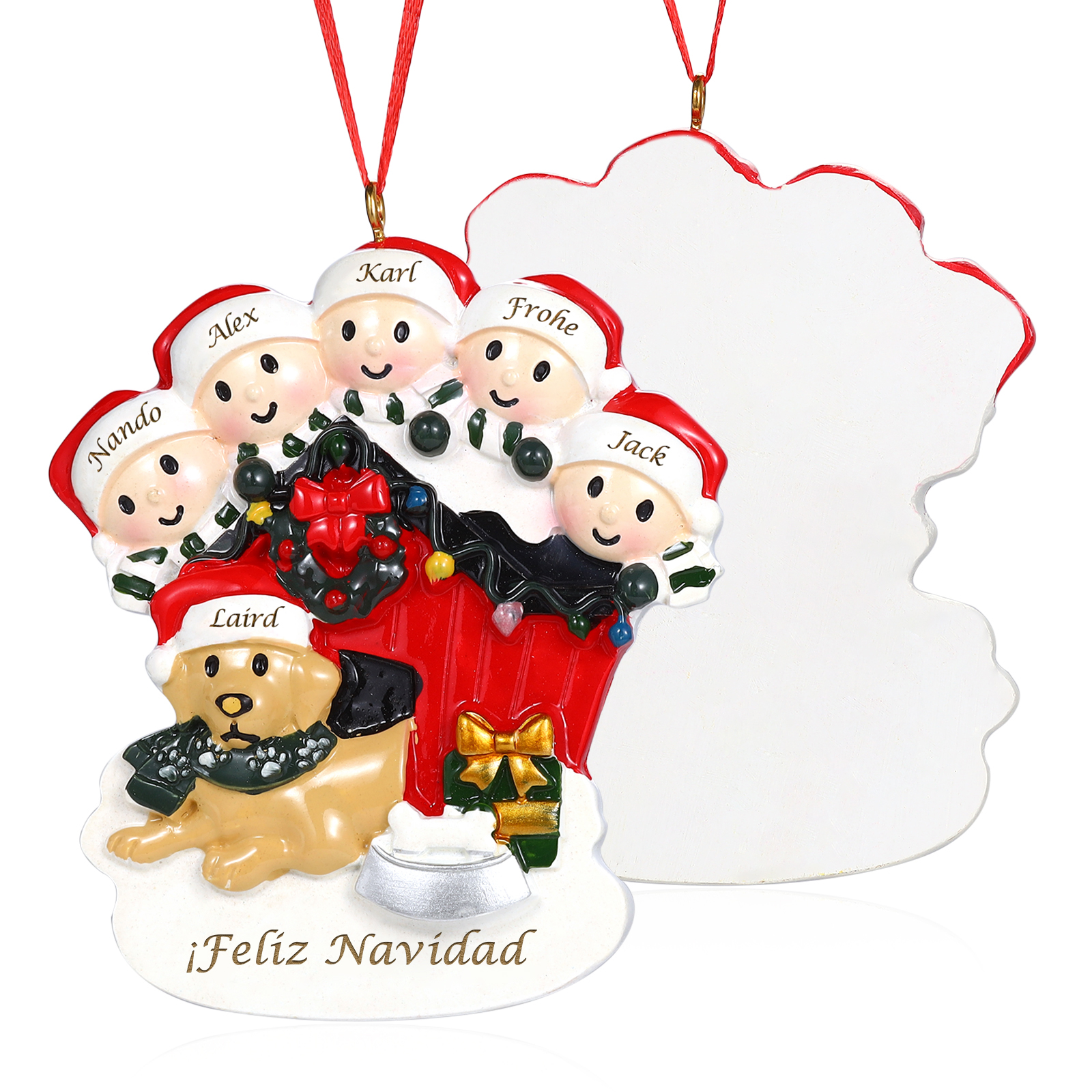 Navidad-Ornamento con Muñecos de Resina Familia con Perro 6 Nombres y Texto Personalizados | Jessemade