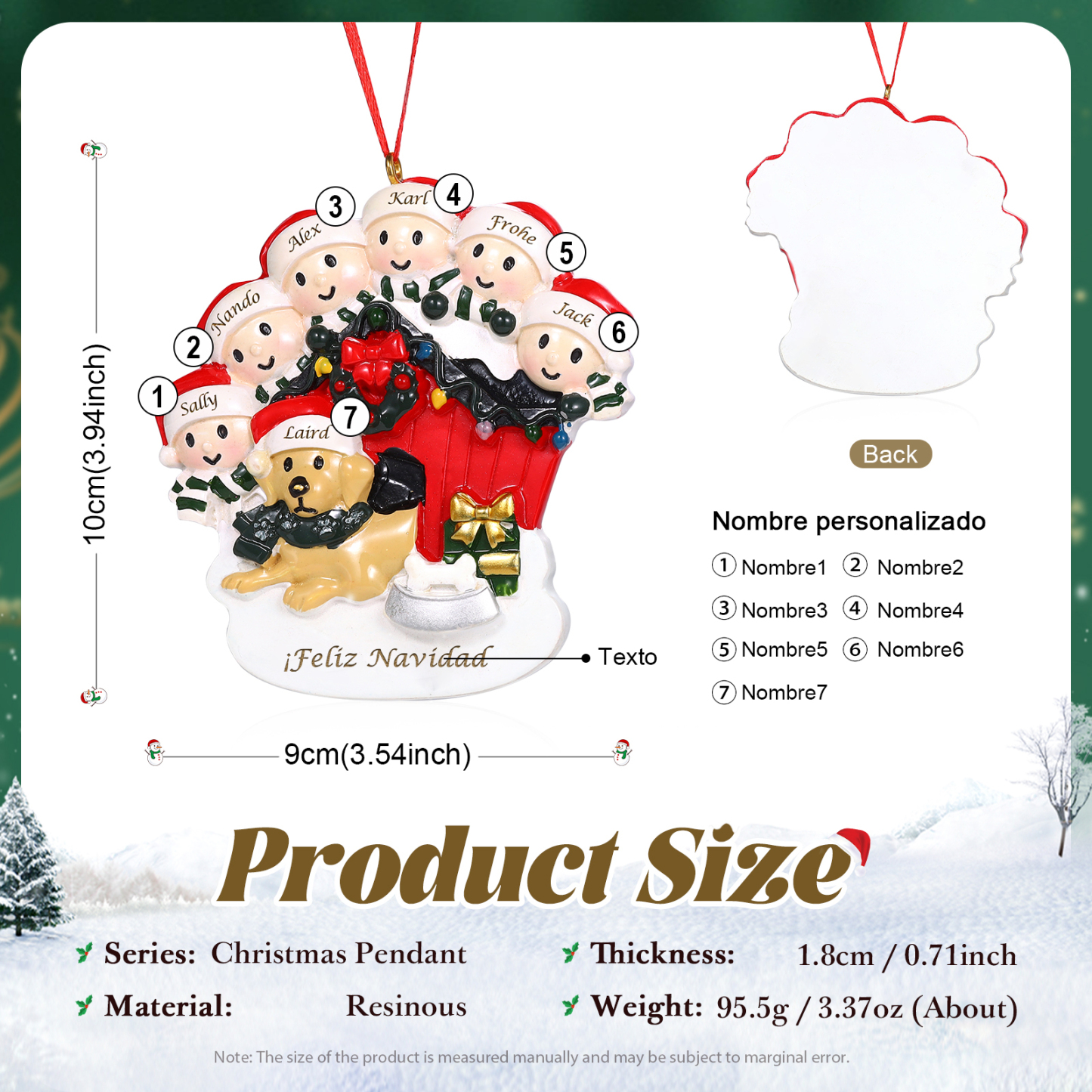 Navidad-Ornamento con Muñecos de Resina Familia con Perro 7 Nombres y Texto Personalizados | Jessemade