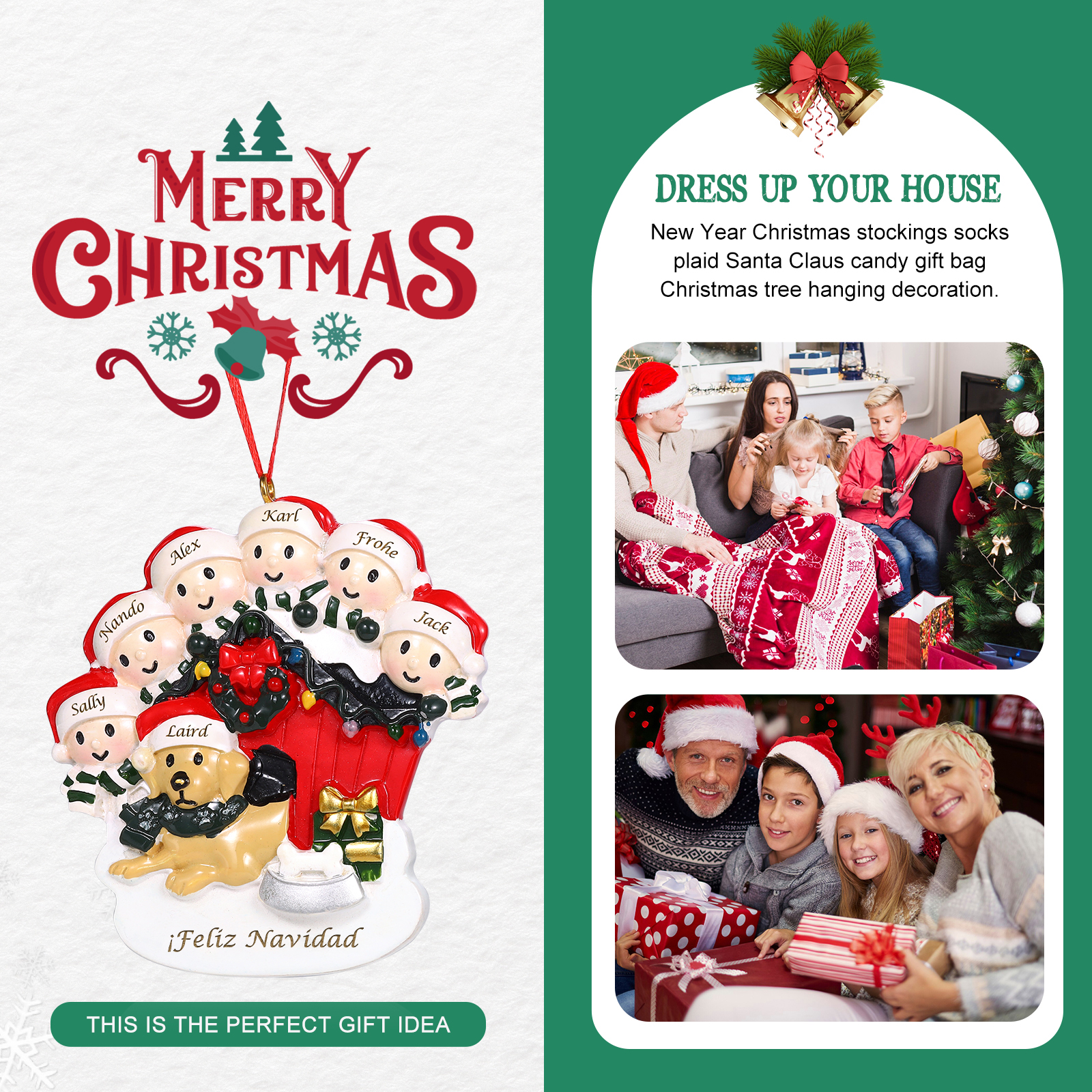 Navidad-Ornamento con Muñecos de Resina Familia con Perro 7 Nombres y Texto Personalizados | Jessemade