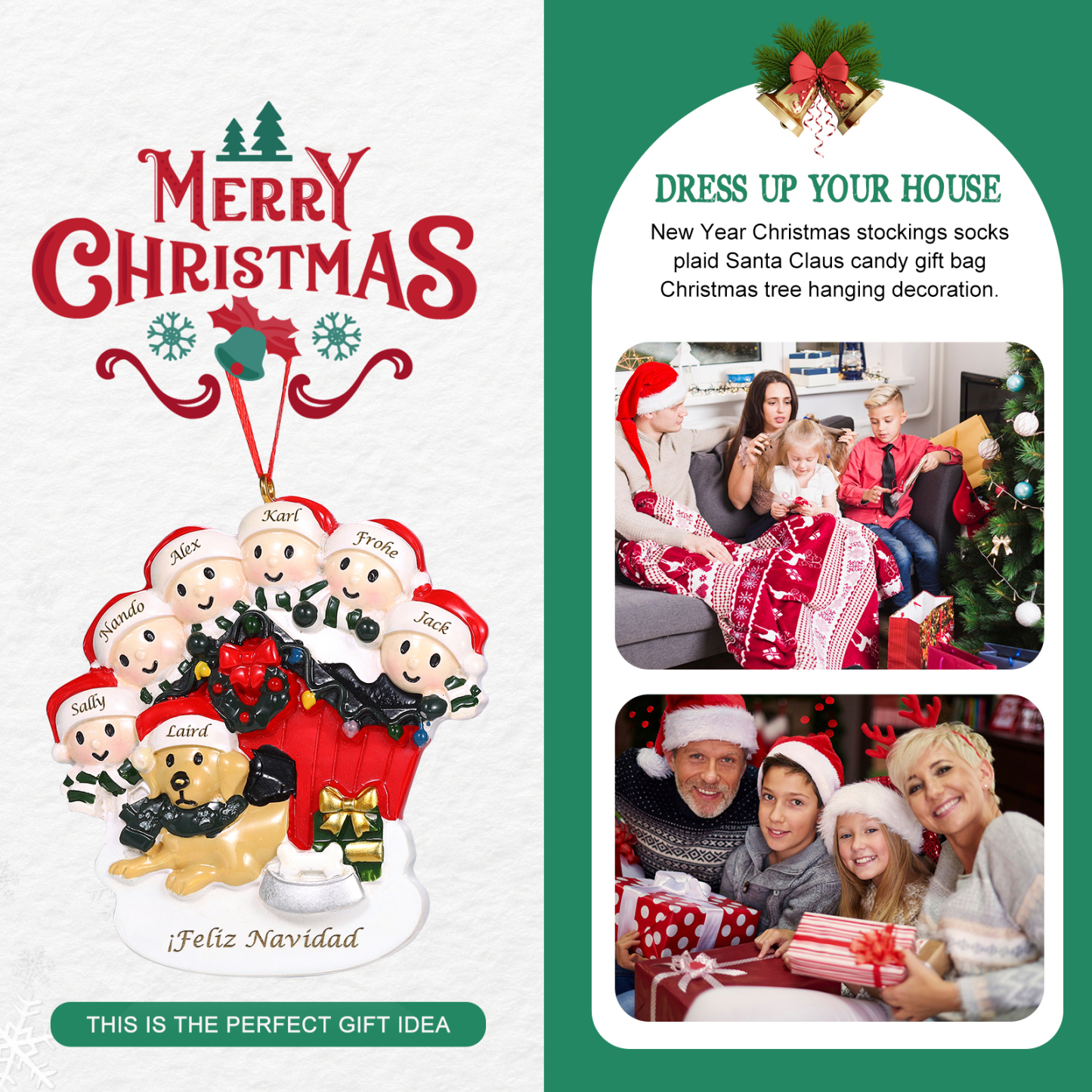 Navidad-Ornamento con Muñecos de Resina Familia con Perro 7 Nombres y Texto Personalizados | Jessemade