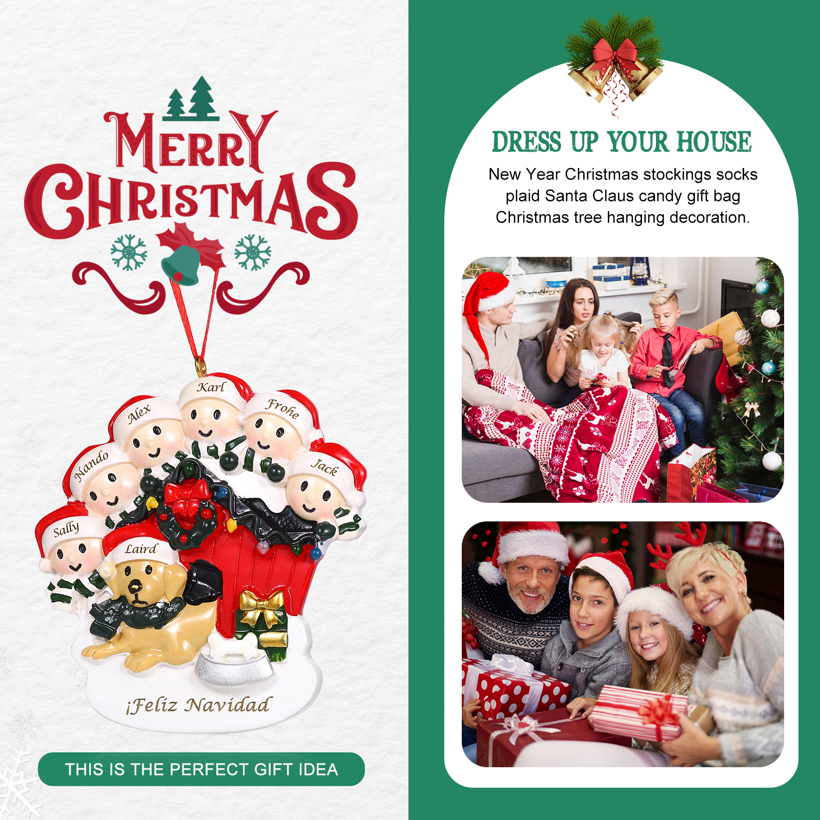 Navidad-Ornamento con Muñecos de Resina Familia con Perro 7 Nombres y Texto Personalizados | Jessemade