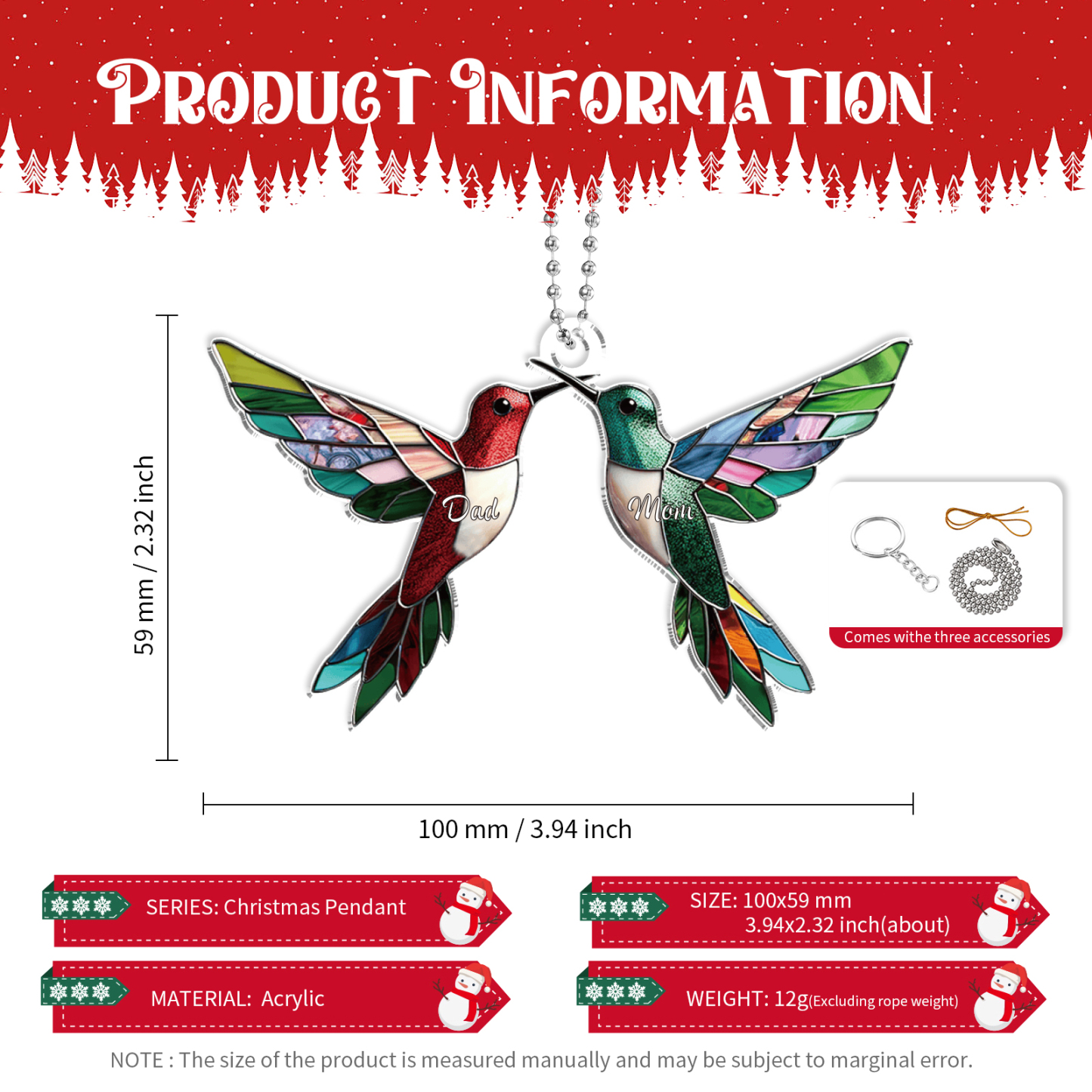 Navidad-Ornamento de acrílico colibríes 2 nombres personalizados | Jessemade