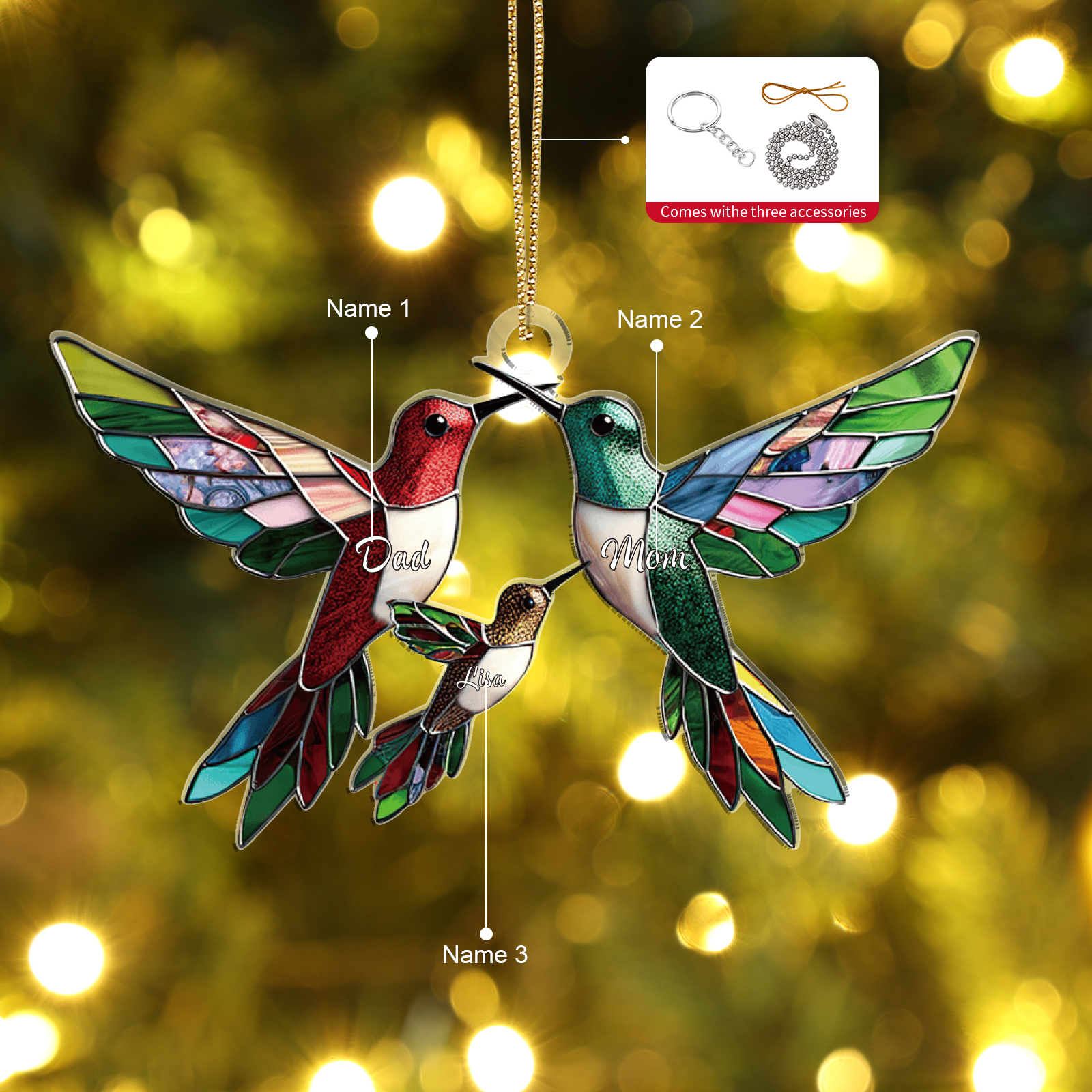 Navidad-Ornamento de acrílico colibríes 3 nombres personalizados | Jessemade