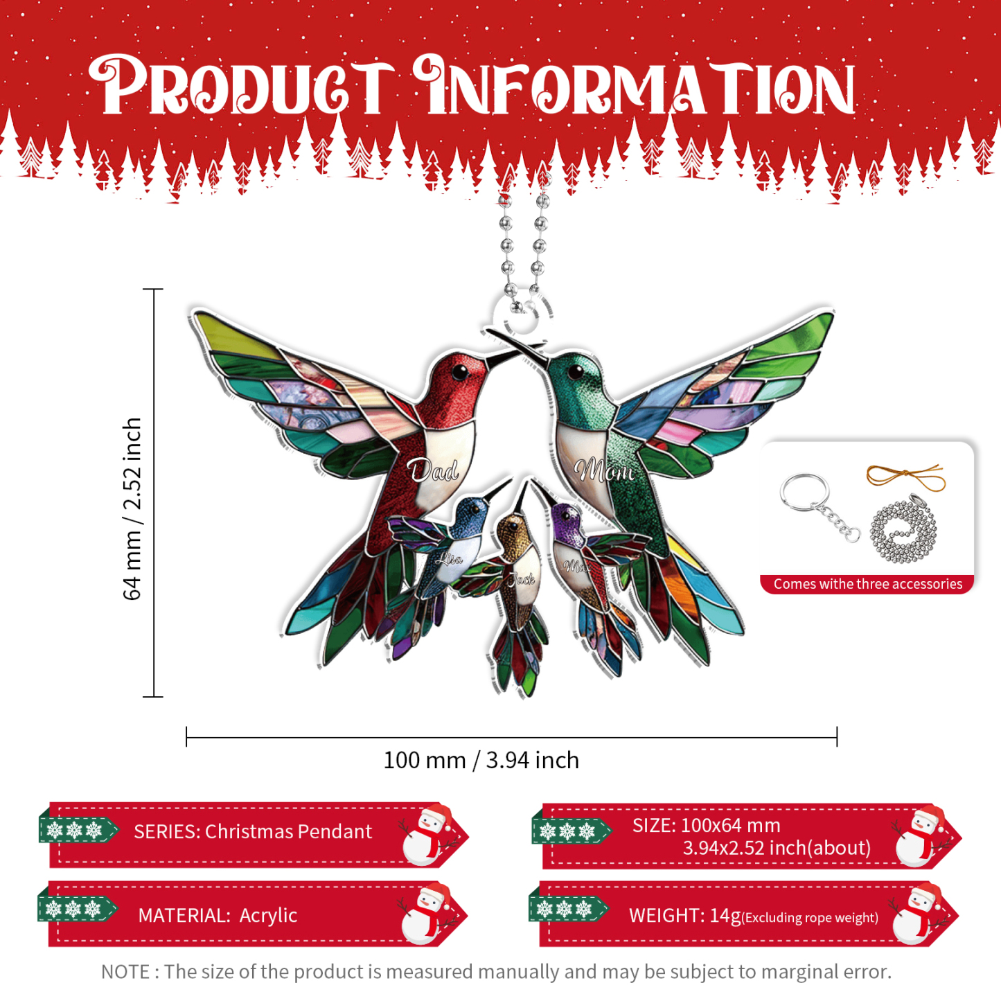 Navidad-Ornamento de acrílico colibríes 5 nombres personalizados | Jessemade