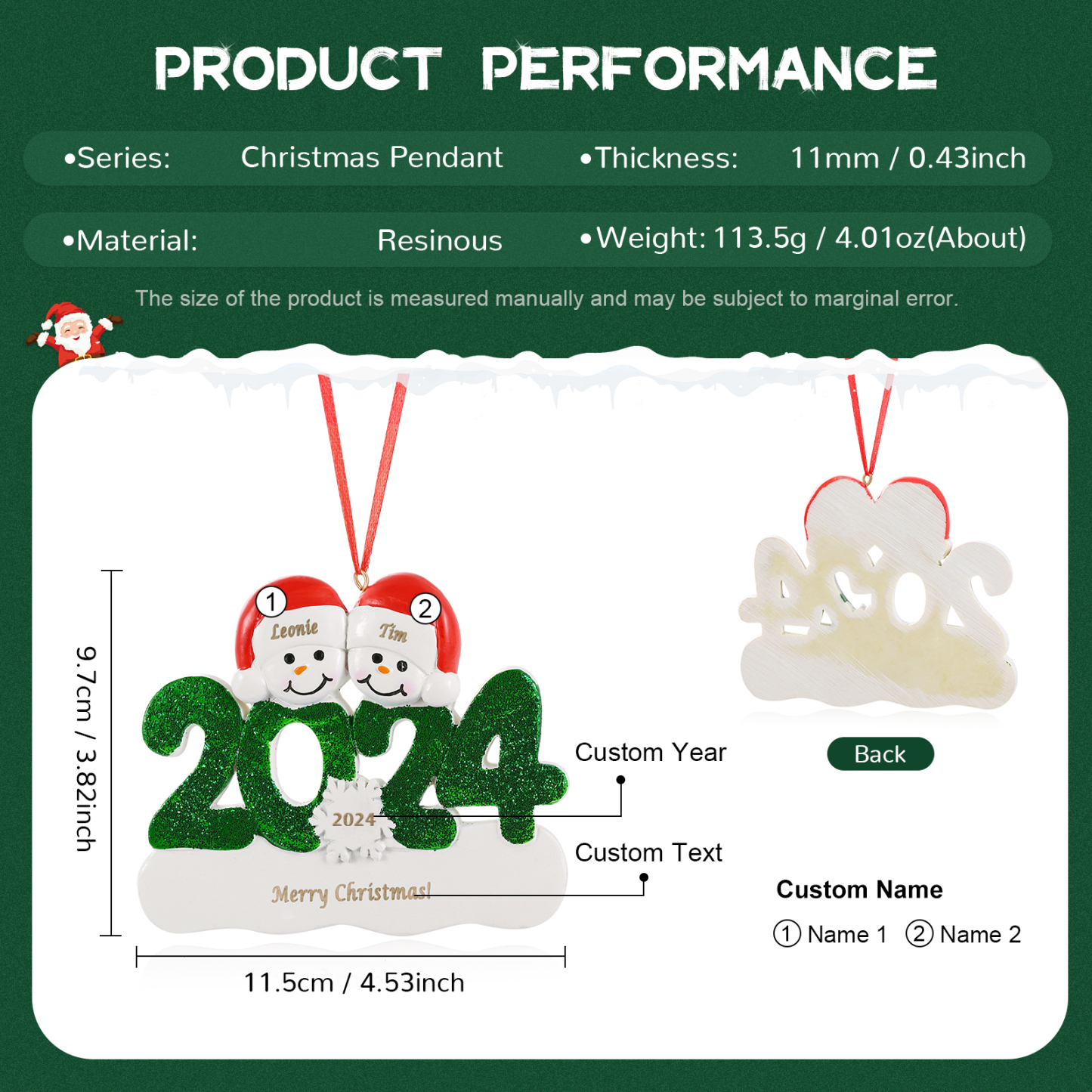 Navidad-Ornamento de resina 2024 con 2 nombres, año y 1 texto personalizados | Jessemade