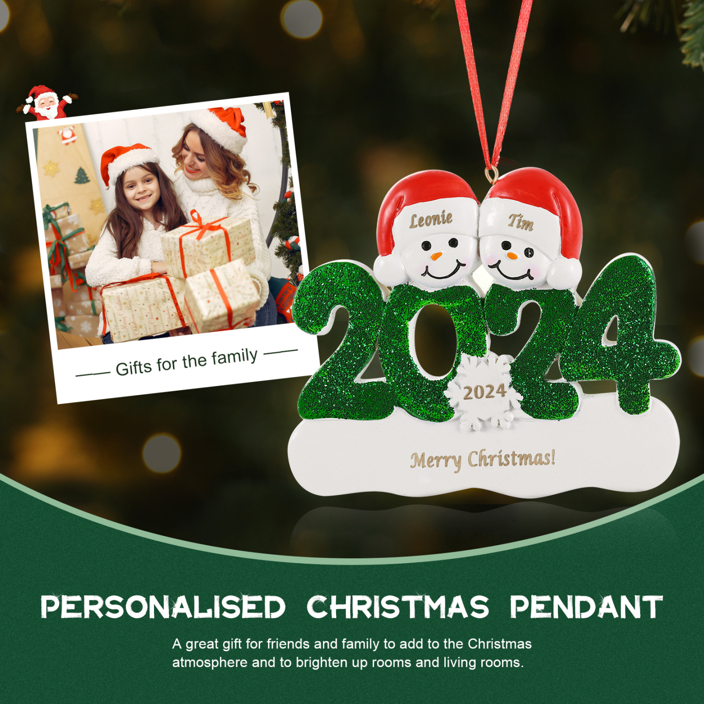Navidad-Ornamento de resina 2024 con 2 nombres, año y 1 texto personalizados | Jessemade
