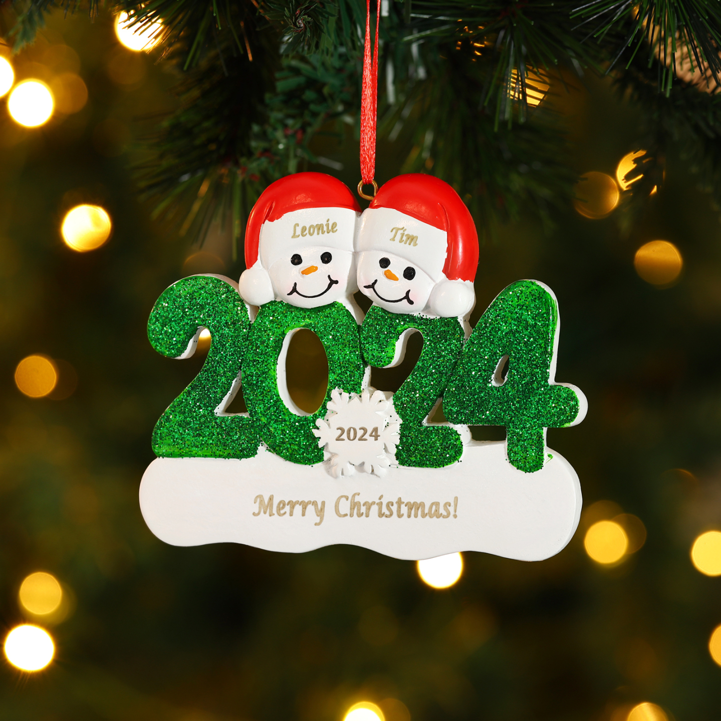 Navidad-Ornamento de resina 2024 con 2 nombres, año y 1 texto personal