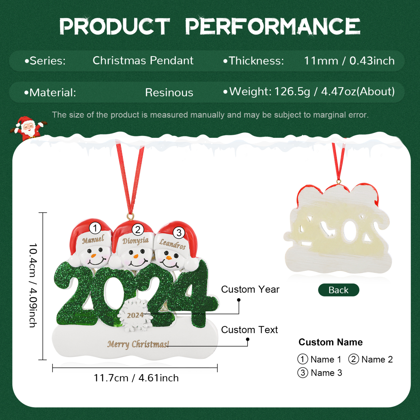 Navidad-Ornamento de resina 2024 con 3 nombres, año y 1 texto personalizados | Jessemade