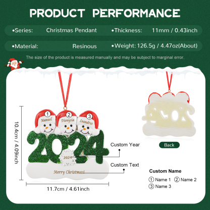 Navidad-Ornamento de resina 2024 con 3 nombres, año y 1 texto personalizados | Jessemade
