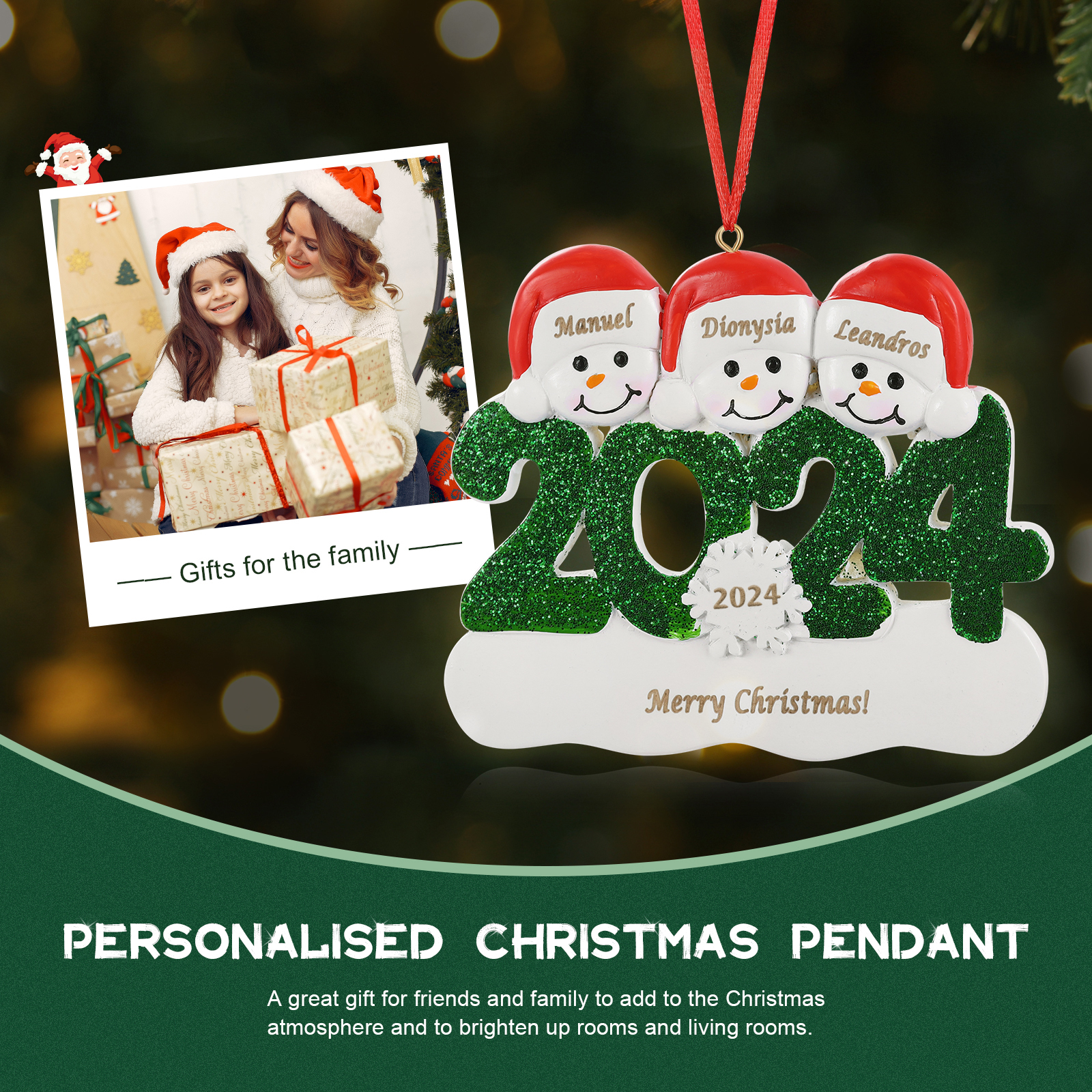 Navidad-Ornamento de resina 2024 con 3 nombres, año y 1 texto personalizados | Jessemade