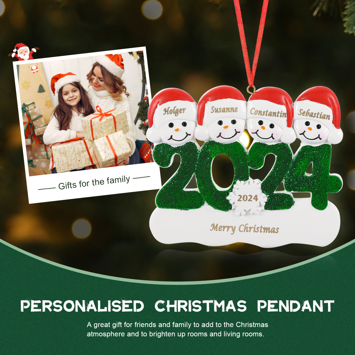 Navidad-Ornamento de resina 2024 con 4 nombres, año y 1 texto personalizados | Jessemade