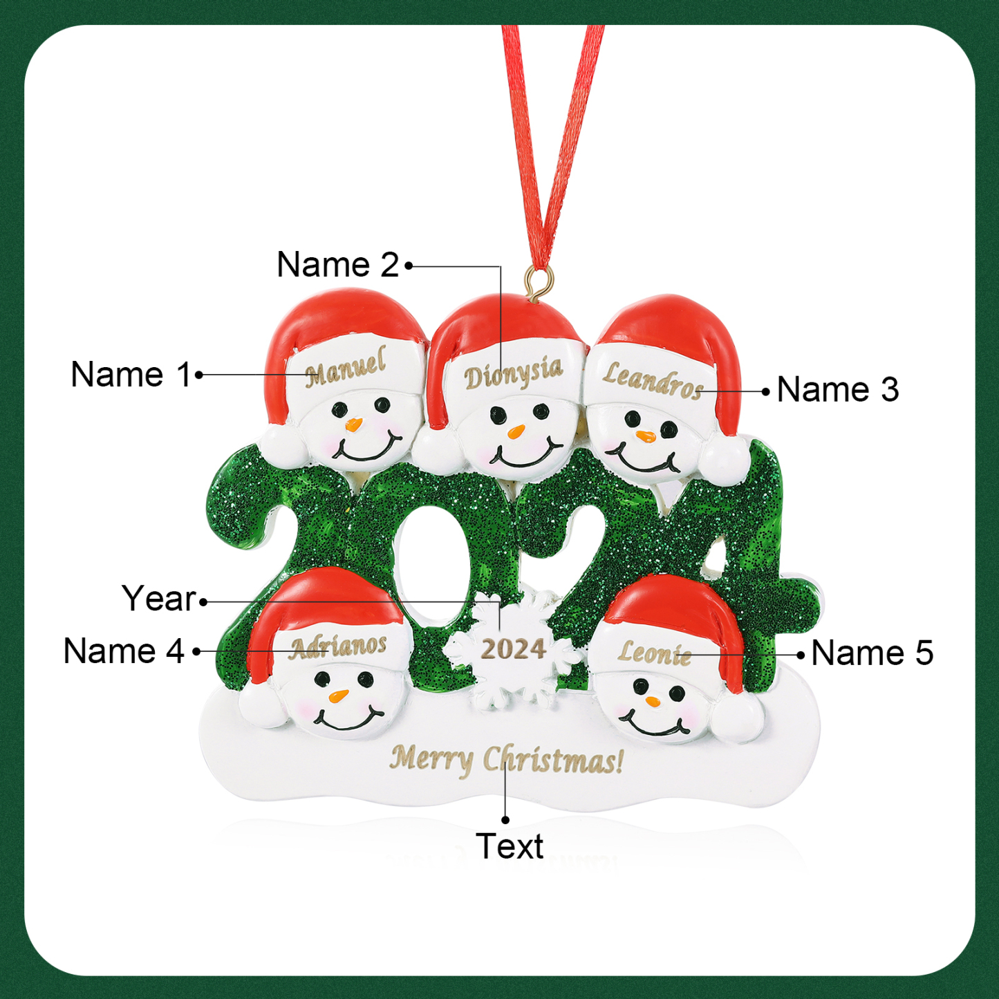 Navidad-Ornamento de resina 2024 con 5 nombres, año y 1 texto personalizados | Jessemade