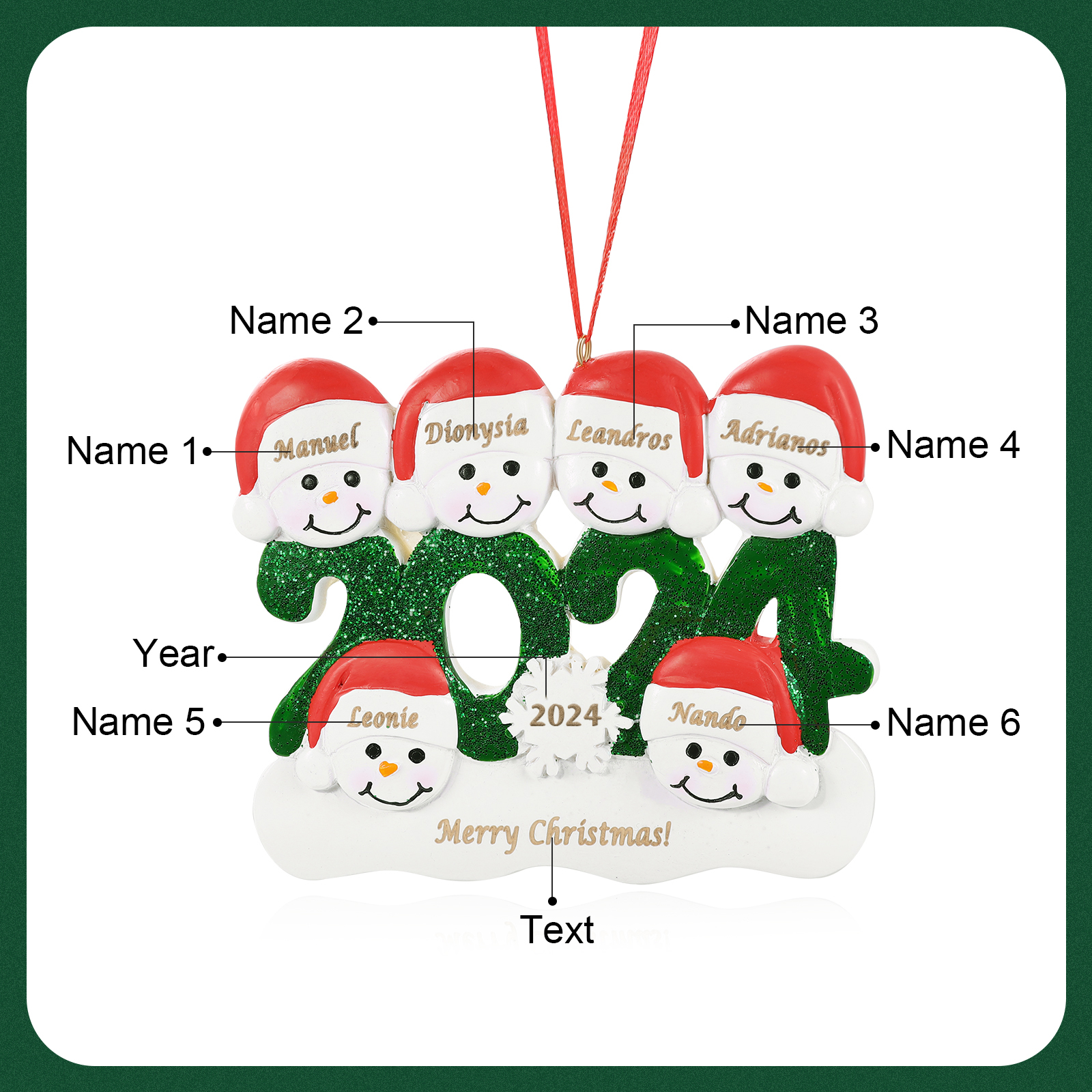 Navidad-Ornamento de resina 2024 con 6 nombres, año y 1 texto personalizados | Jessemade