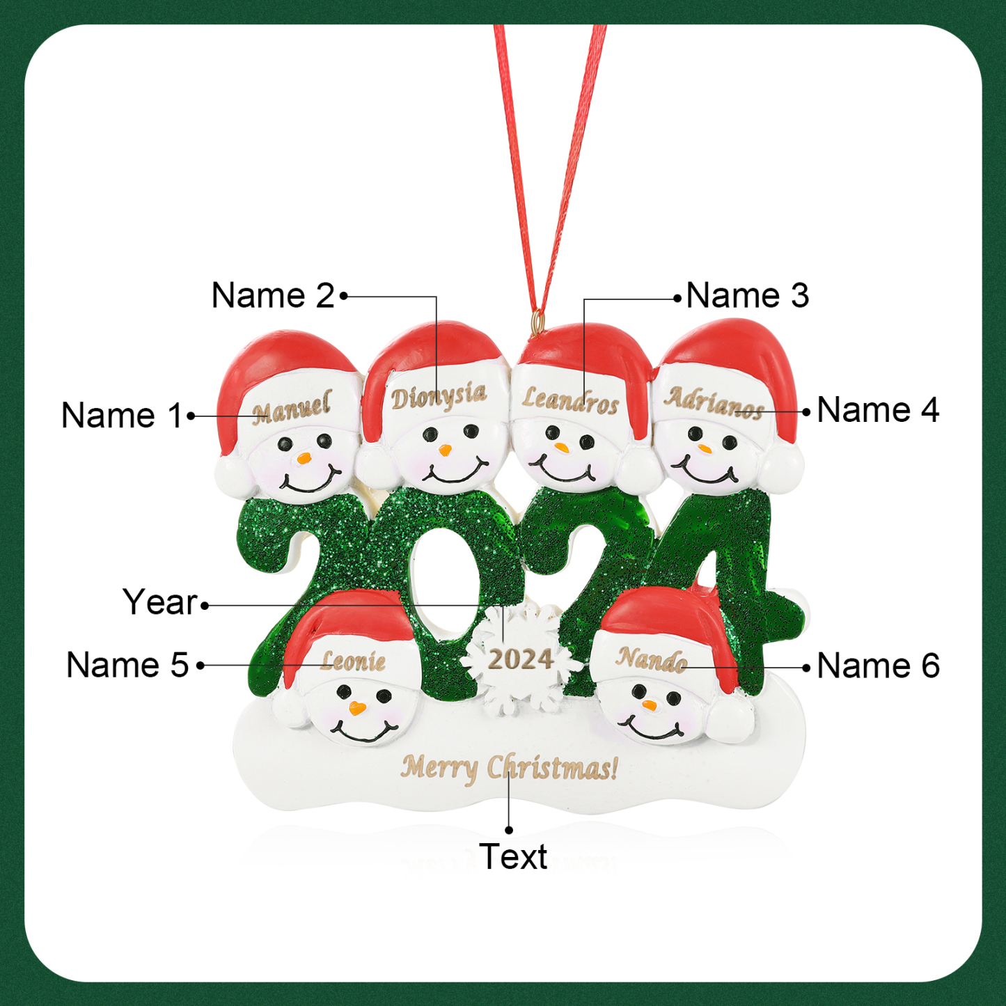Navidad-Ornamento de resina 2024 con 6 nombres, año y 1 texto personalizados | Jessemade