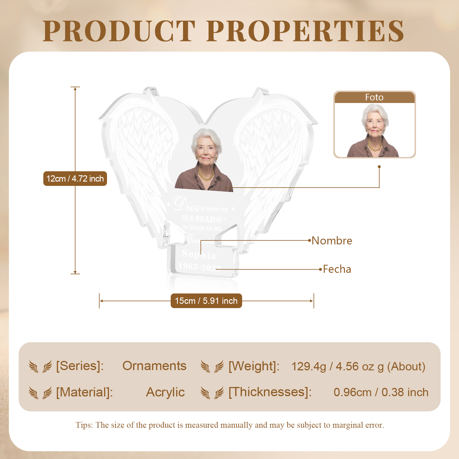 Placa de acrílico en forma de alas con nombre, años y foto personalizados para conmemoración | Jessemade