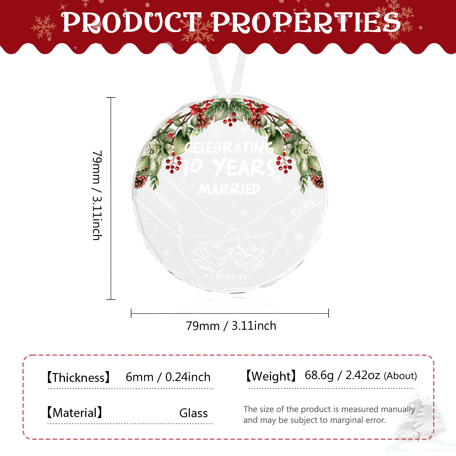 Navidad-Ornamento de vidrio de pareja manos cogidas 2 nombres, texto y fecha personalizados | Jessemade