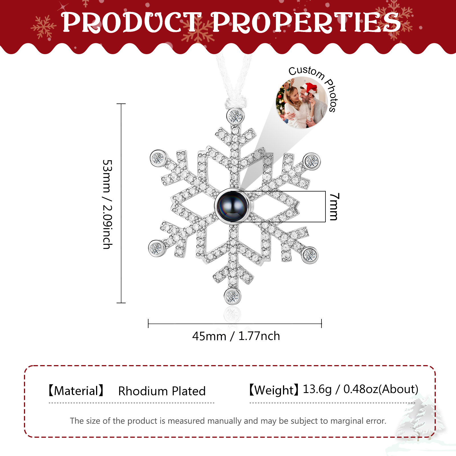 Navidad-Ornamento en forma de nieve con proyección de foto personalizada | Jessemade