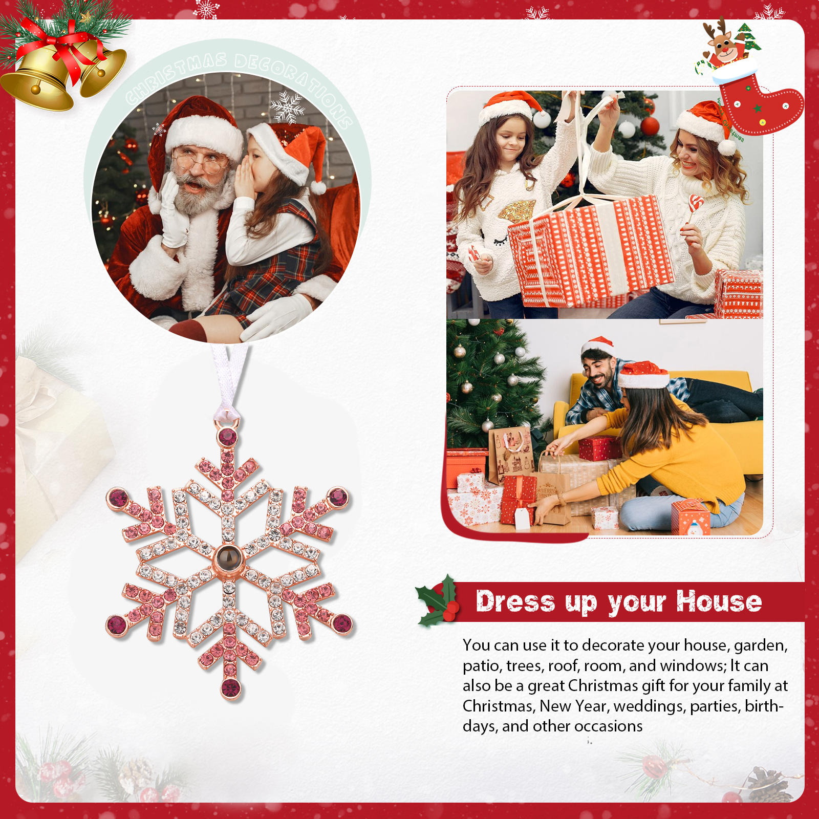 Navidad-Ornamento en forma de nieve con proyección de foto personalizada | Jessemade