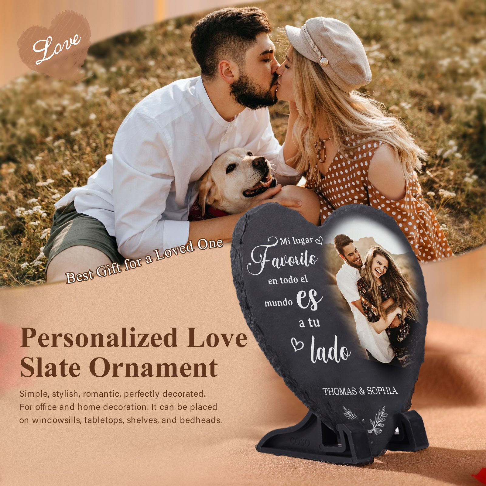Pareja-Decoración de piedra en forma de corazón para pareja con 2 nombres y foto personalizados | Jessemade