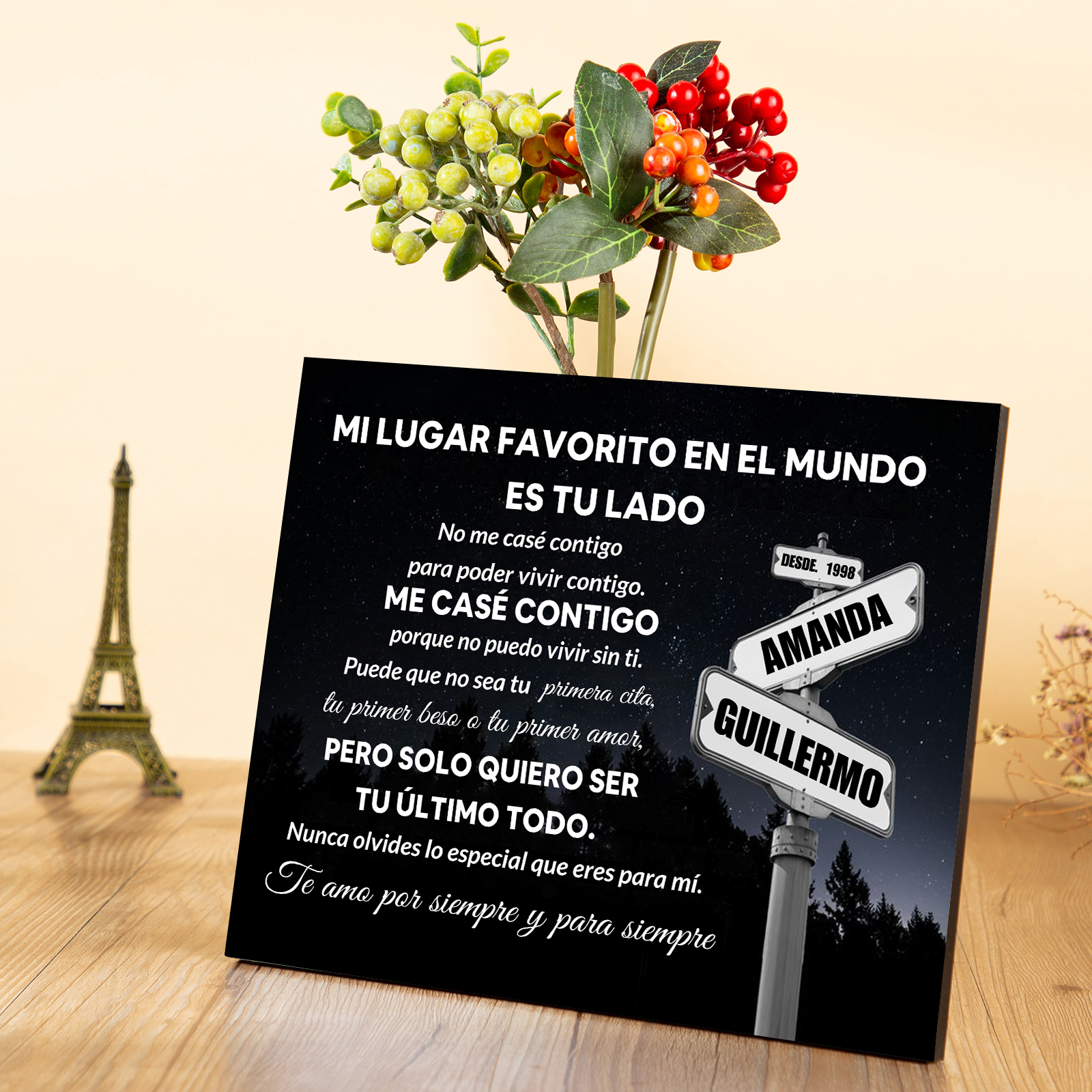 Lámina cartel de dirección marco de madera para pareja personalizado con 2 nombres y año | Jessemade