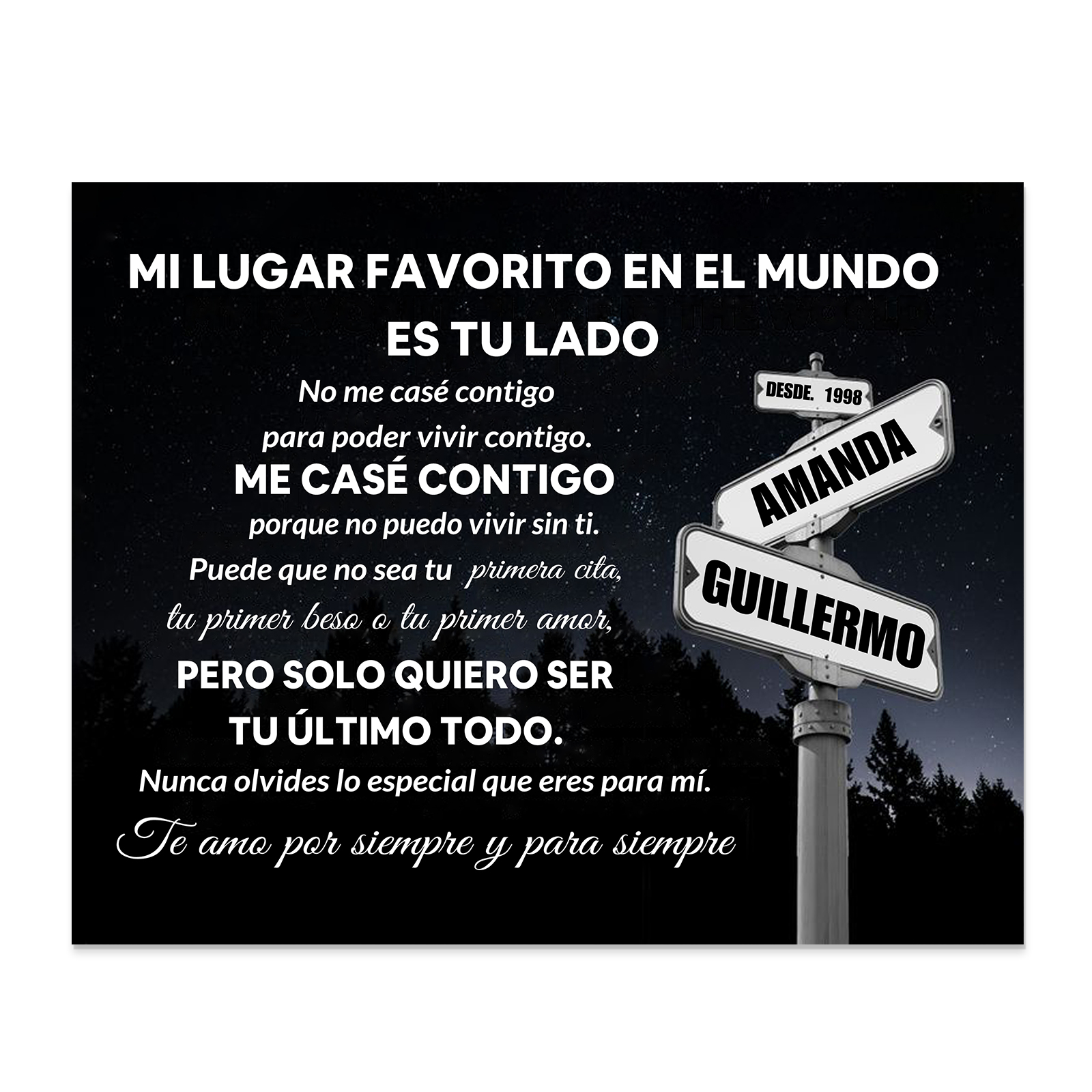 Lámina cartel de dirección marco de madera para pareja personalizado con 2 nombres y año | Jessemade