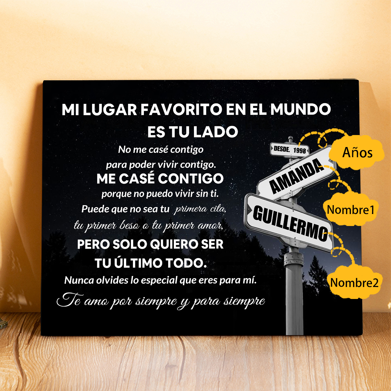 Lámina cartel de dirección marco de madera para pareja personalizado con 2 nombres y año | Jessemade