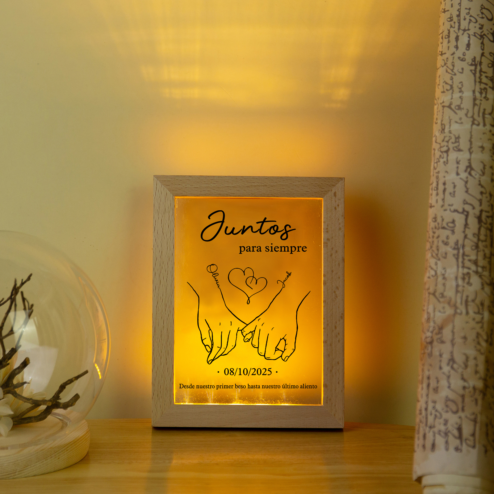 Marco con lámpara meñiques cruzados para pareja 2 nombres y fecha personalizados | Jessemade