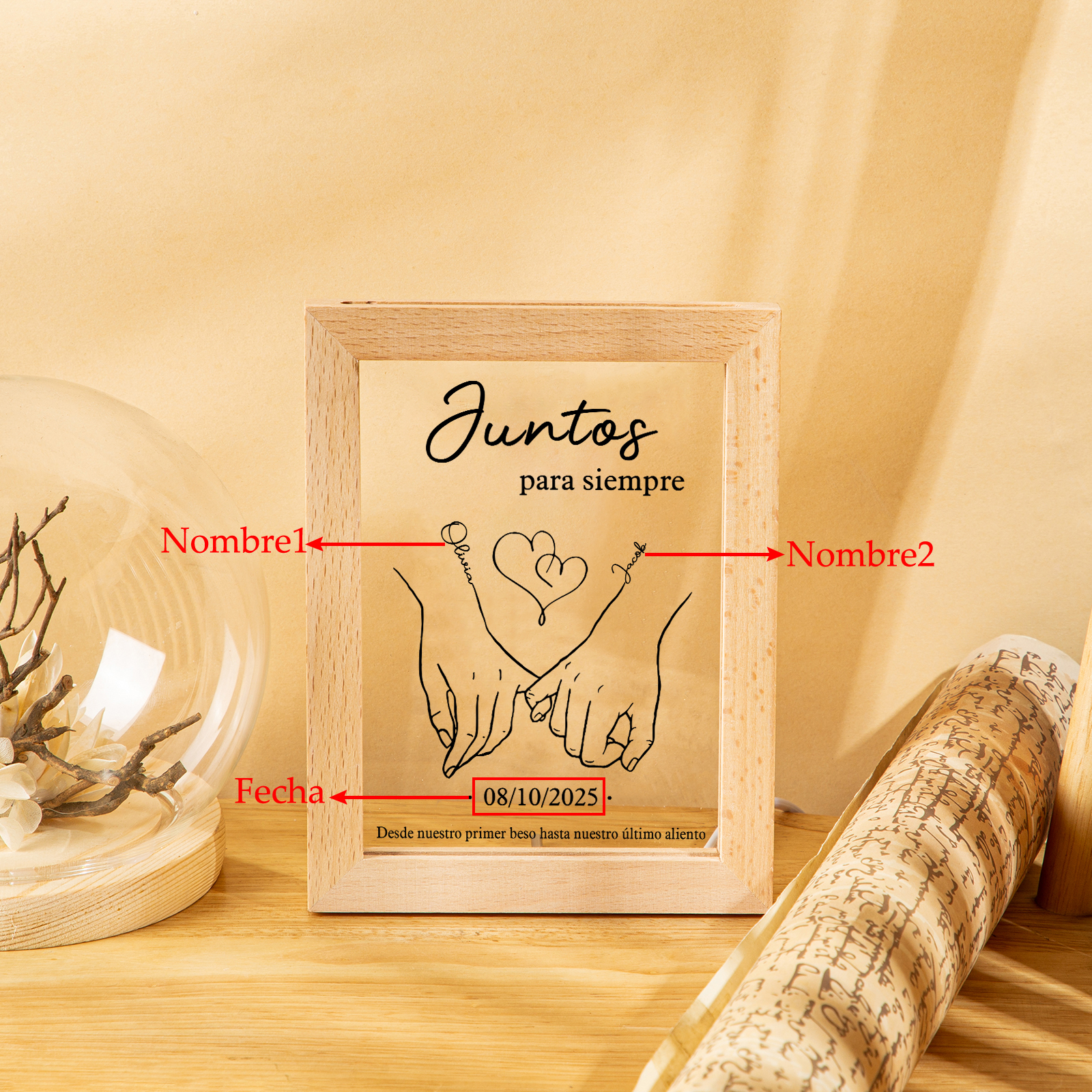 Marco con lámpara meñiques cruzados para pareja 2 nombres y fecha personalizados | Jessemade
