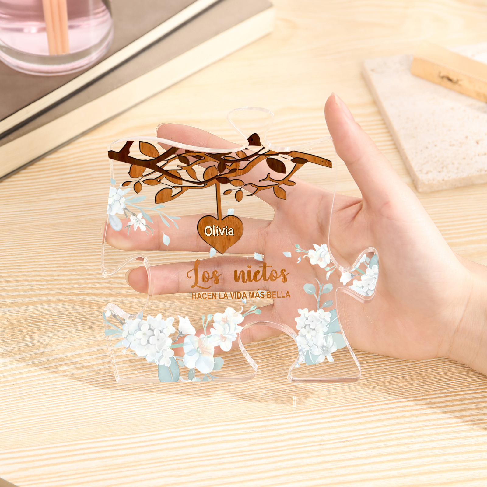 A la familia-Placa de acrílico en forma de rompecabezas árbol de vida y corazones 1-8 nombres personalizados | Jessemade