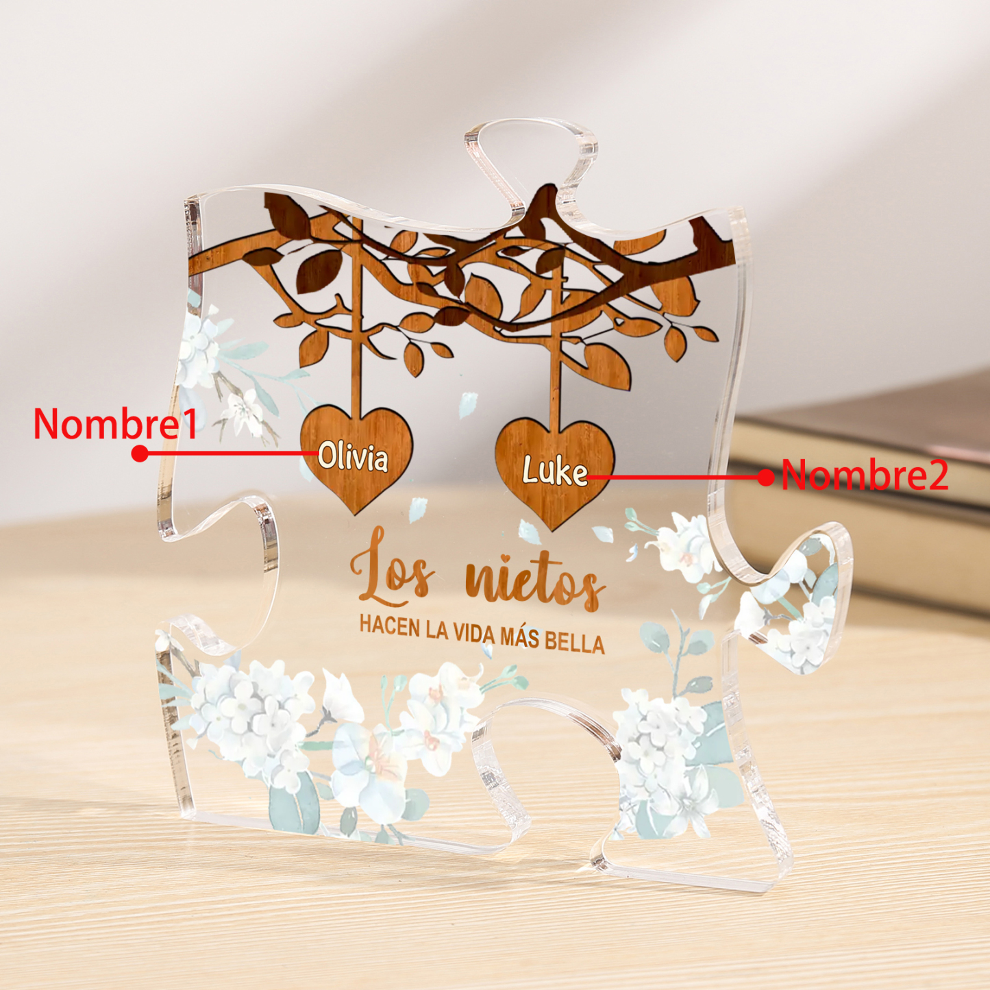 A la familia-Placa de acrílico en forma de rompecabezas árbol de vida y corazones 1-8 nombres personalizados | Jessemade