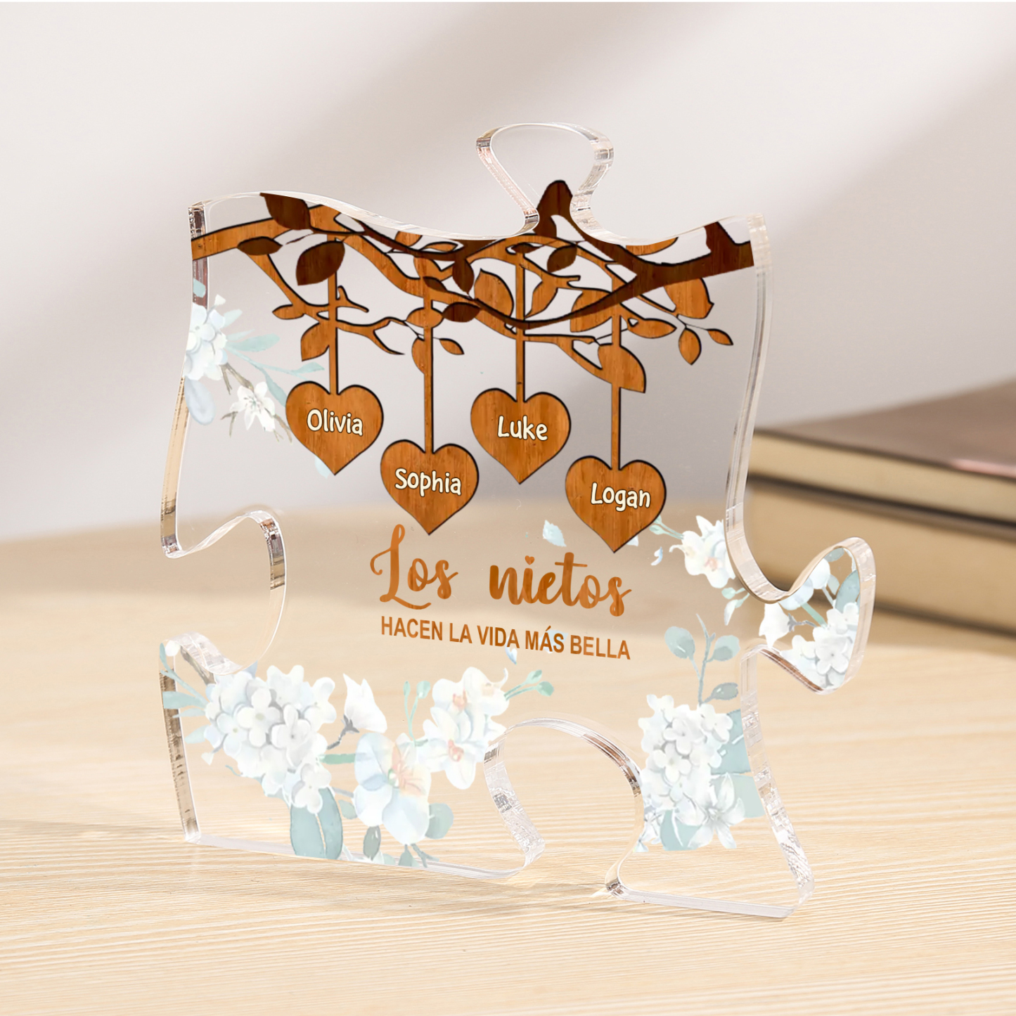 A la familia-Placa de acrílico en forma de rompecabezas árbol de vida y corazones 1-8 nombres personalizados | Jessemade