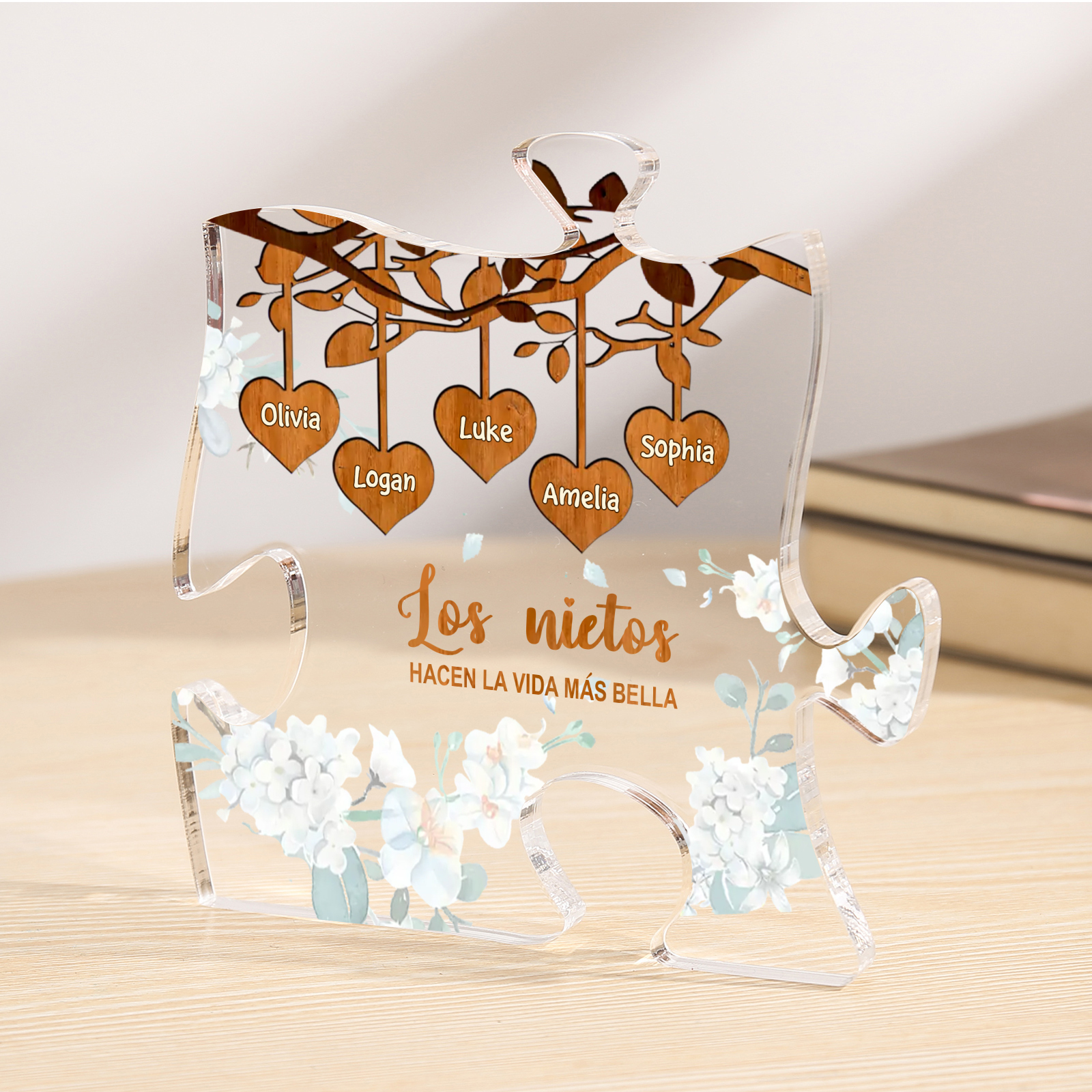 A la familia-Placa de acrílico en forma de rompecabezas árbol de vida y corazones 1-8 nombres personalizados | Jessemade