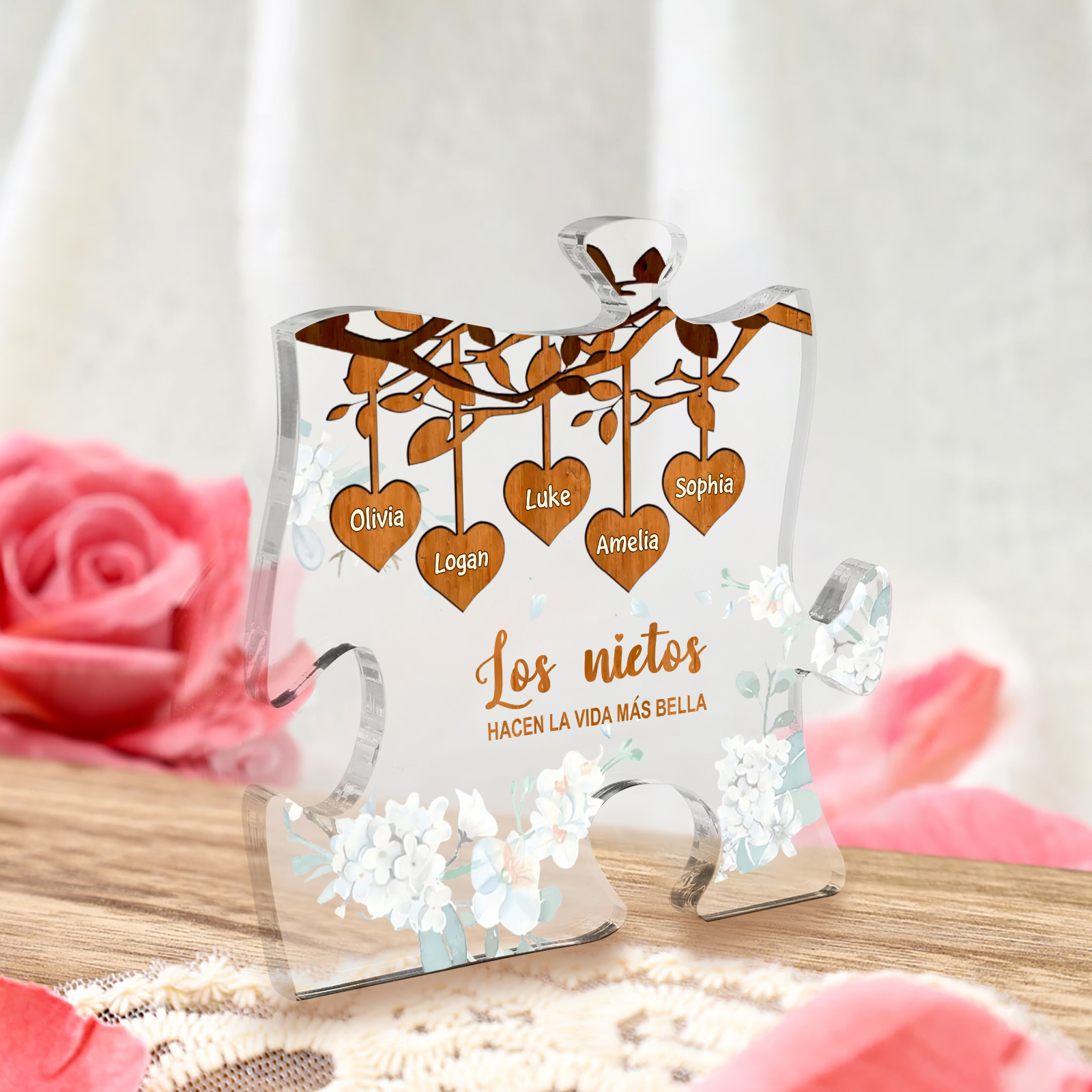 A la familia-Placa de acrílico en forma de rompecabezas árbol de vida y corazones 1-8 nombres personalizados | Jessemade