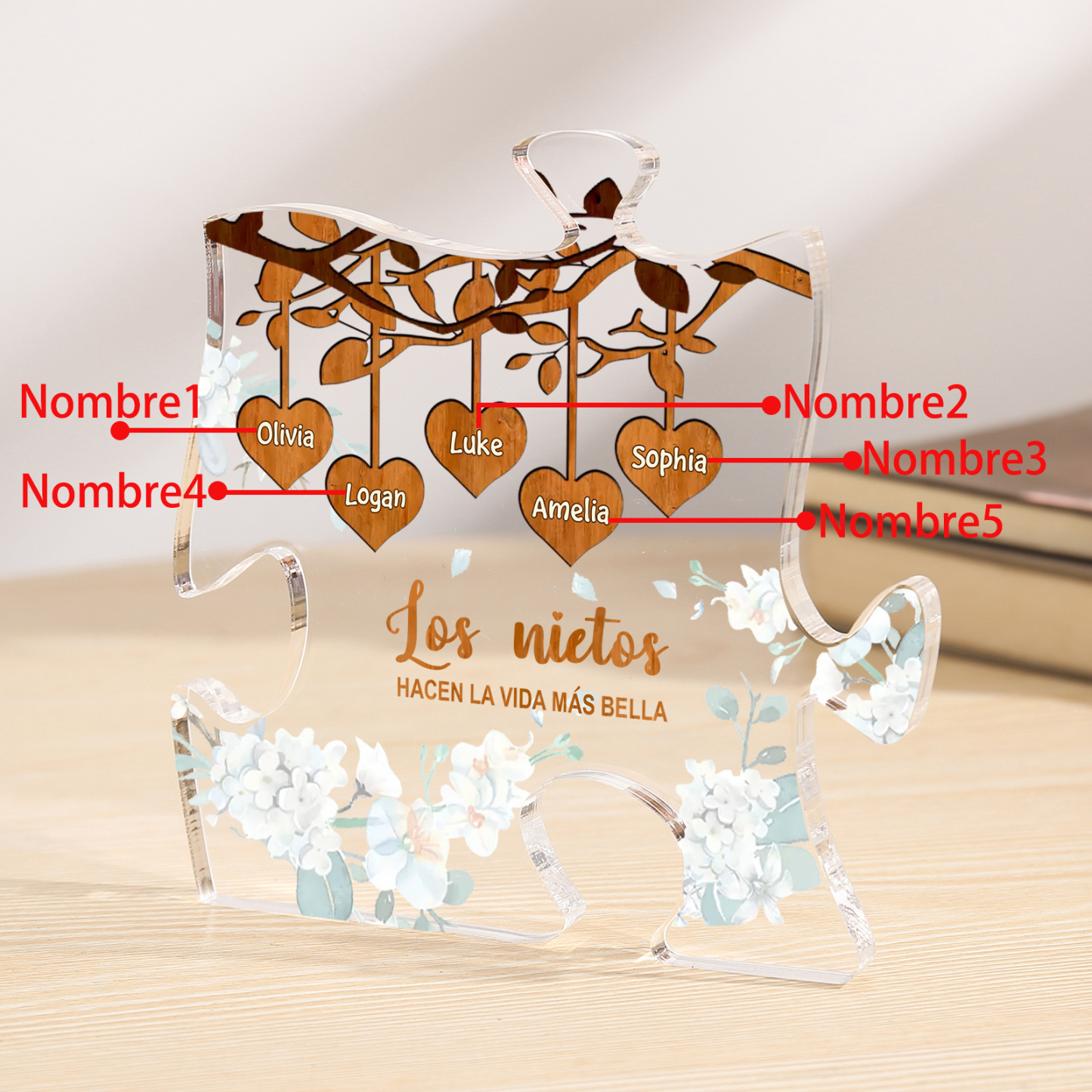 A la familia-Placa de acrílico en forma de rompecabezas árbol de vida y corazones 1-8 nombres personalizados | Jessemade