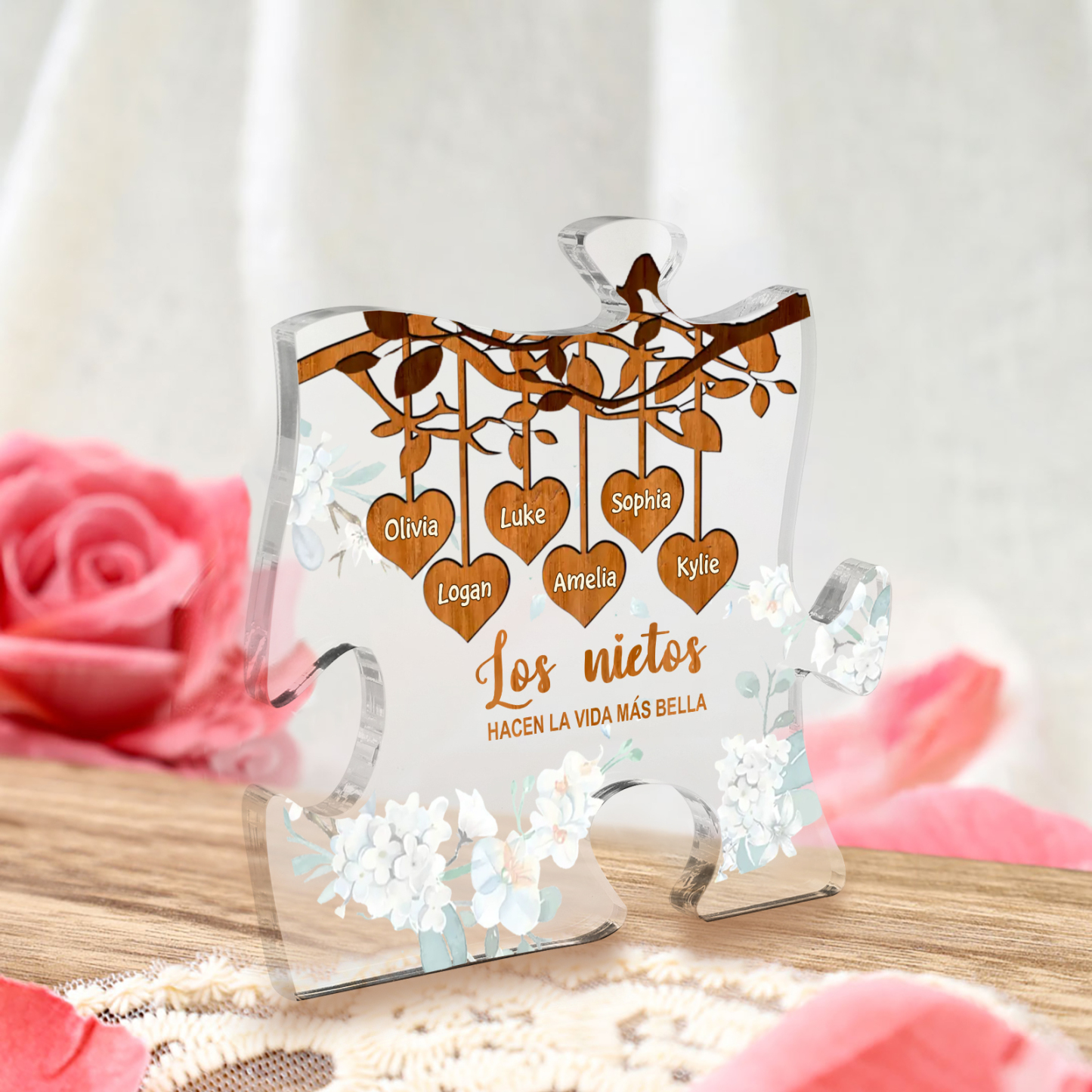 A la familia-Placa de acrílico en forma de rompecabezas árbol de vida y corazones 1-8 nombres personalizados | Jessemade