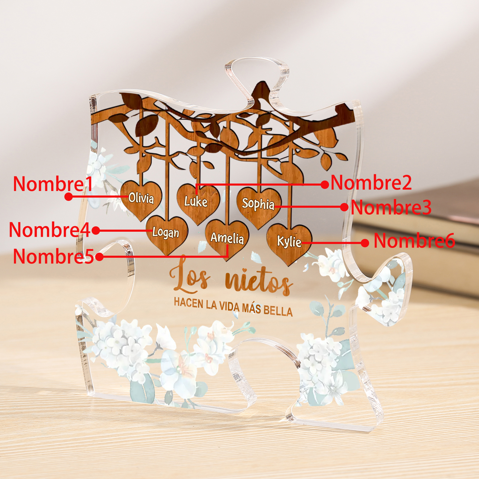 A la familia-Placa de acrílico en forma de rompecabezas árbol de vida y corazones 1-8 nombres personalizados | Jessemade