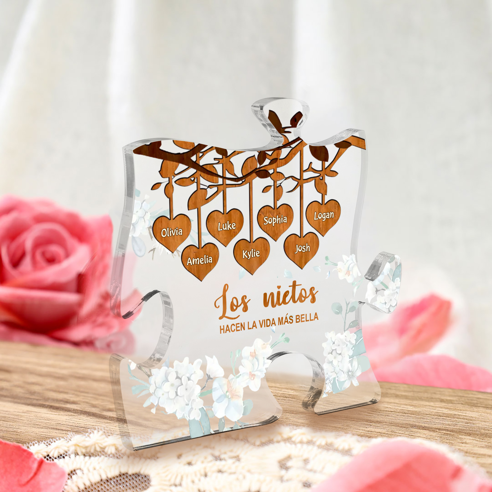 A la familia-Placa de acrílico en forma de rompecabezas árbol de vida y corazones 1-8 nombres personalizados | Jessemade